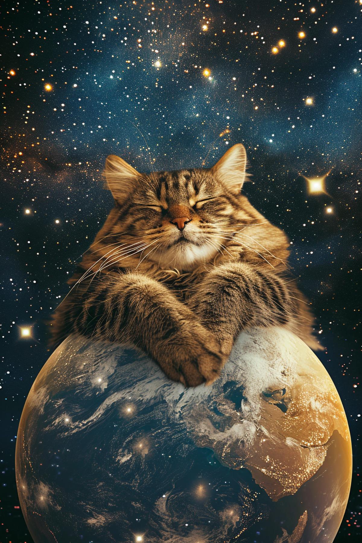 Giant cat bigger than earth planet in open space playing with the earth globe on the background of stars and constellations
