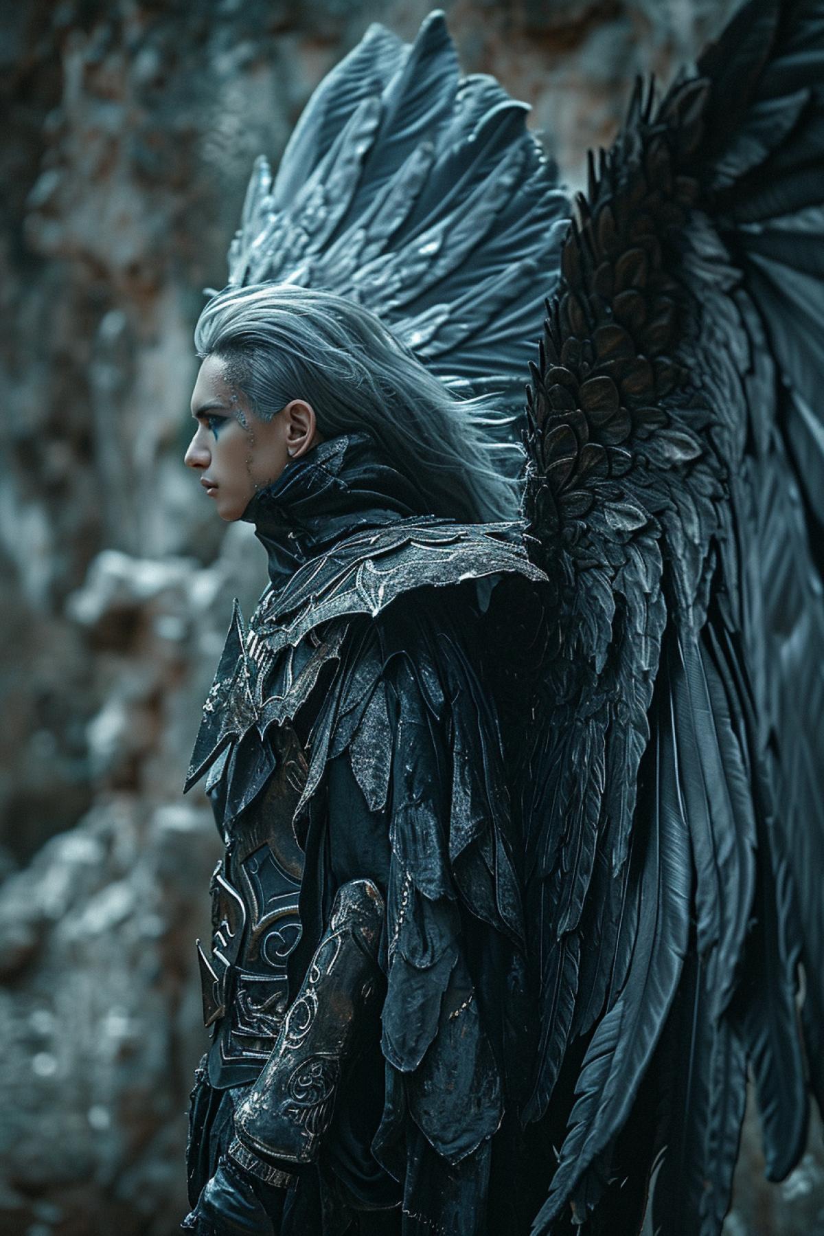 the male has wings and standing, in the style of hd mod, regional gothic, dark silver, mysterious realism, hurufiyya