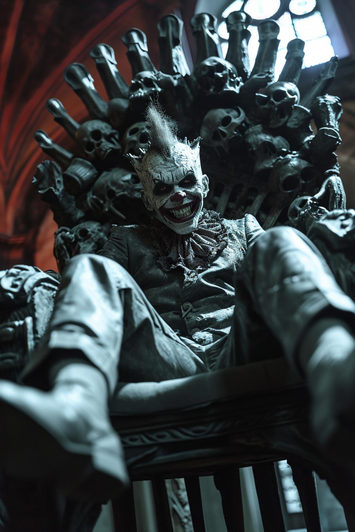 a charismatic and terrifying antagonist sitting on a throne made of bones, their face twisted into a sinister smile