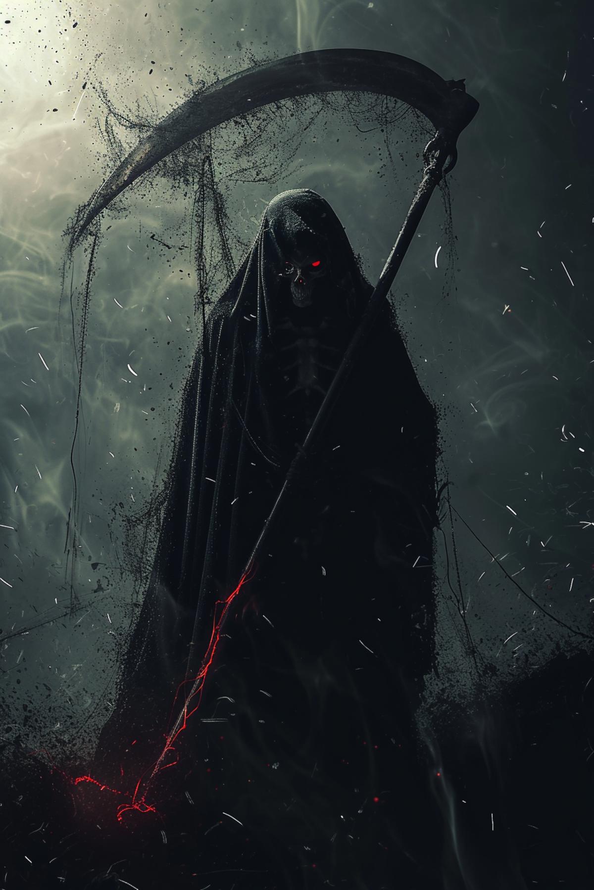 A biologically extraterrestrial being, the Grim Reaper, belonging to a highly advanced civilization, stands in an intimidating 4k. The incorporeal world is dark and evil. Biomechanical complex exoskeletal armor, and in his hands he holds a scythe with a red aura around it. A shadowy energy surrounds him, with particles floating everywhere. Dark, evil and creepy atmosphere in a photorealistic style, shot with Sony Alpha a7R IV 35mm f/2.8 GM.