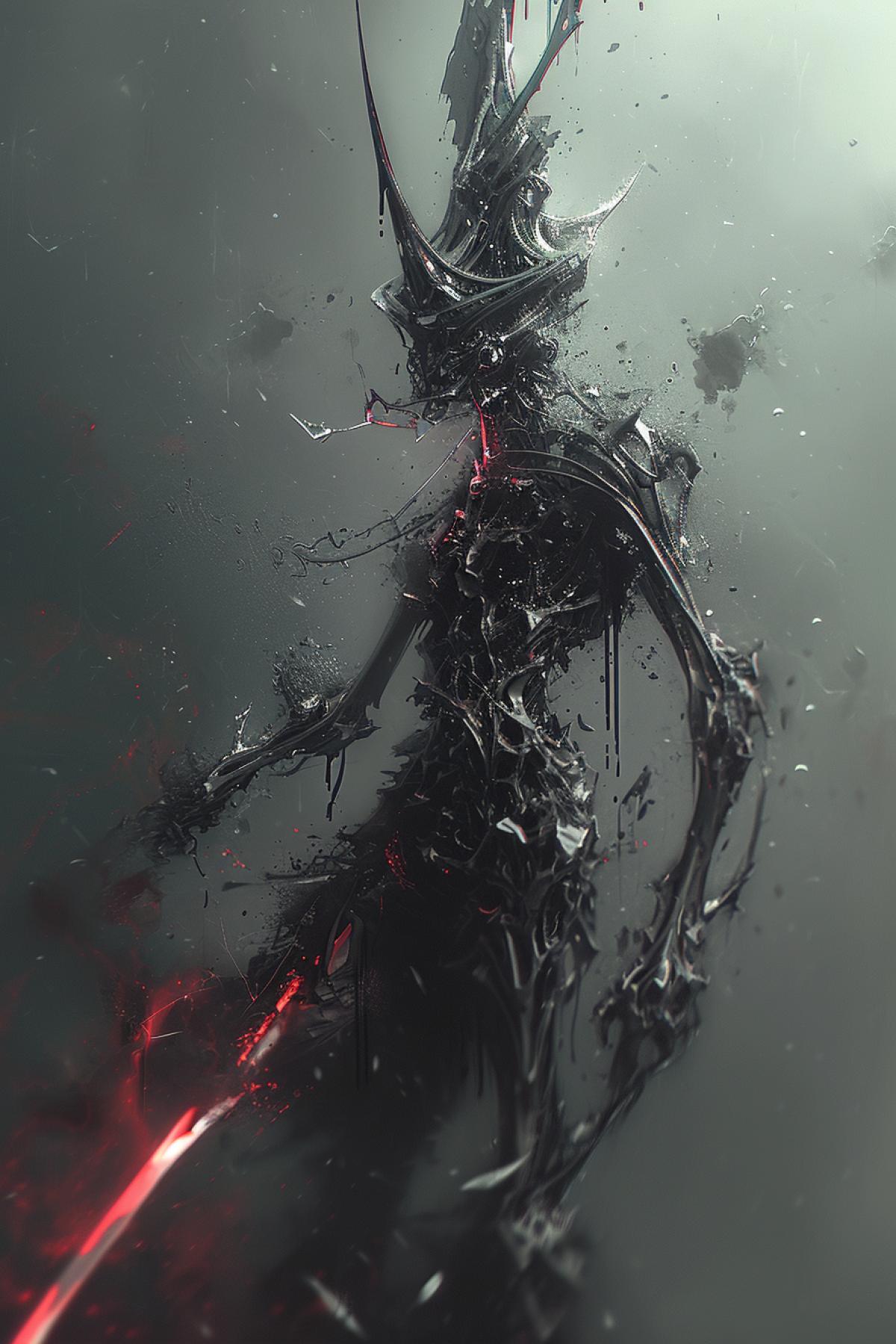 A biologically extraterrestrial being, the Grim Reaper, belonging to a highly advanced civilization, stands in an intimidating 4k. The incorporeal world is dark and evil. Biomechanical complex exoskeletal armor, and in his hands he holds a scythe with a red aura around it. A shadowy energy surrounds him, with particles floating everywhere. Dark, evil and creepy atmosphere in a photorealistic style, shot with Sony Alpha a7R IV 35mm f/2.8 GM.