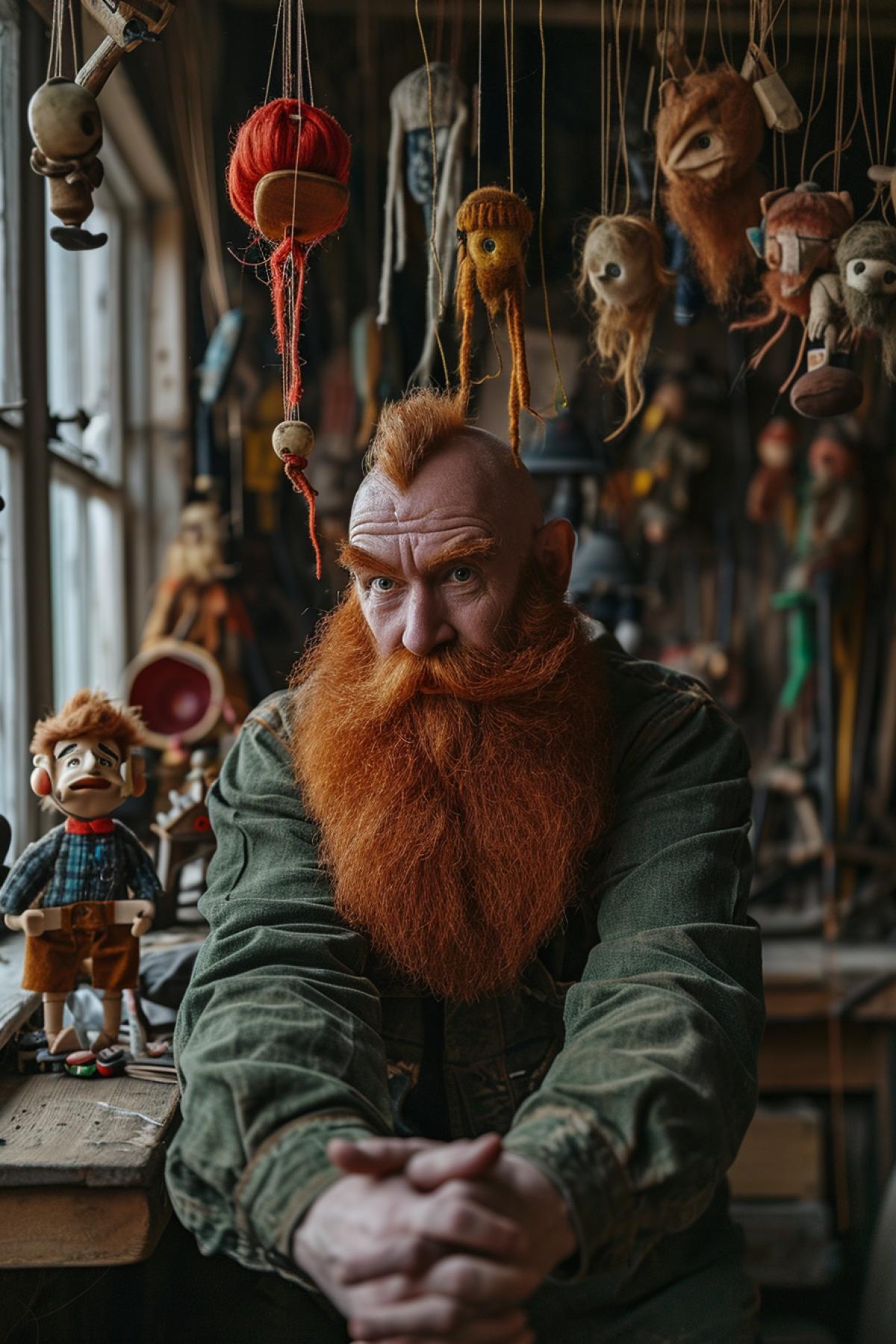Fat angry aggressive man with long long long the longest red down-to-floor beard thick eyebrows angry aggressive green insidious eyes interior of puppet workshop with plenty of puppets and marionettes on the wall Mediterranean behind big windows realistic photo