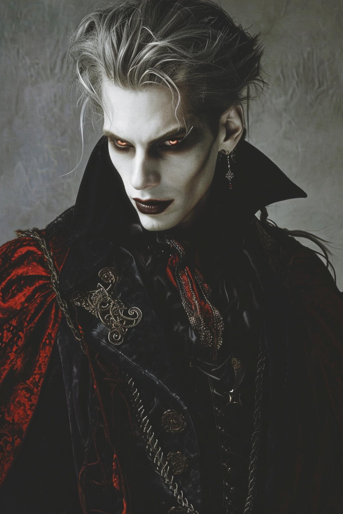 A striking, photorealistic image of a male vampire, possessing an aesthetic that aligns with the gothic and horror genres, adding an eerie yet intriguing element to his existence. The vampires features are sharp and his eyes glow with an undead life, marking him as a creature of the night. His attire is appropriate for the gothic aesthetic, consisting of intricate period clothing.