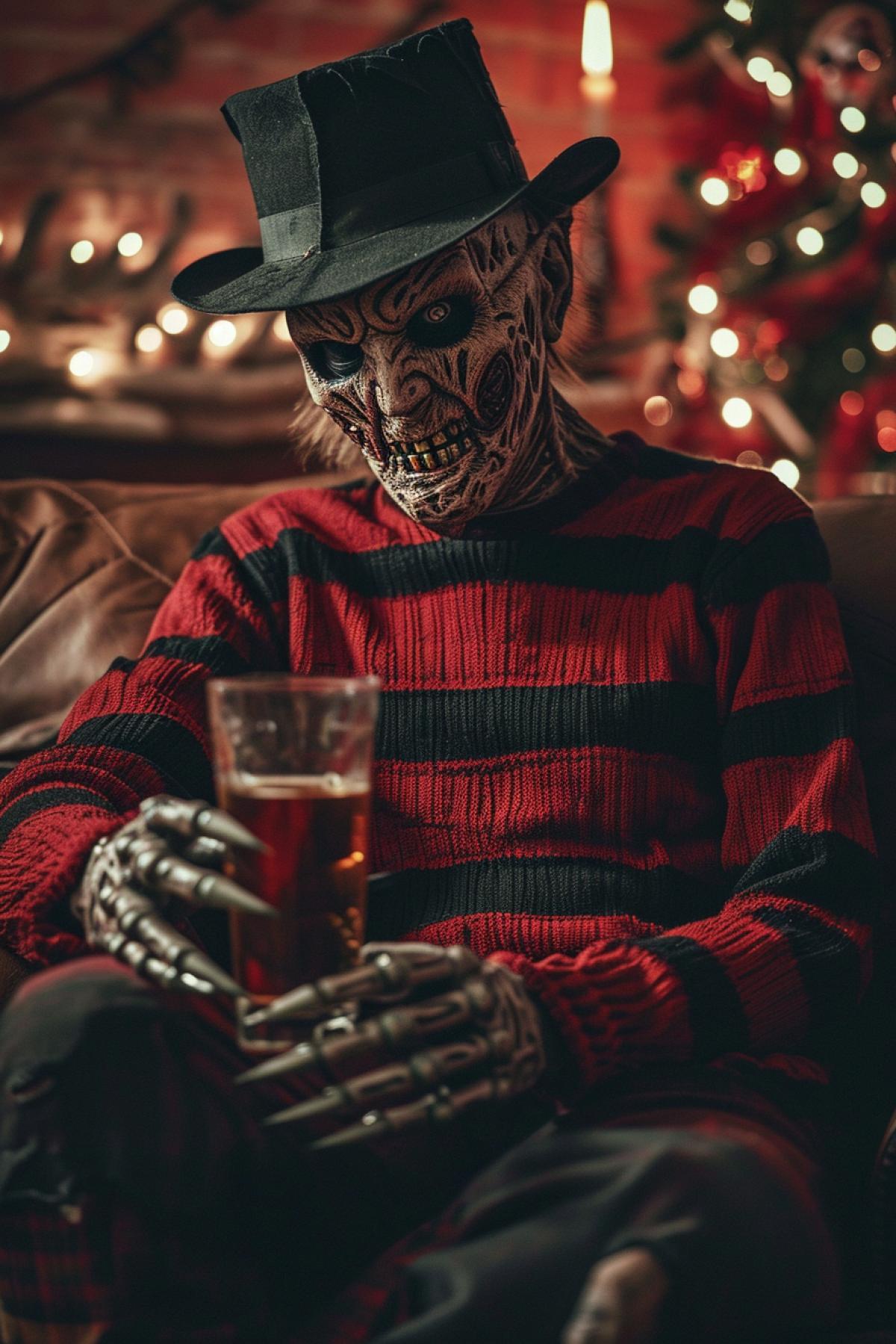 Sad and upset Freddy Krueger at home drinking whisky