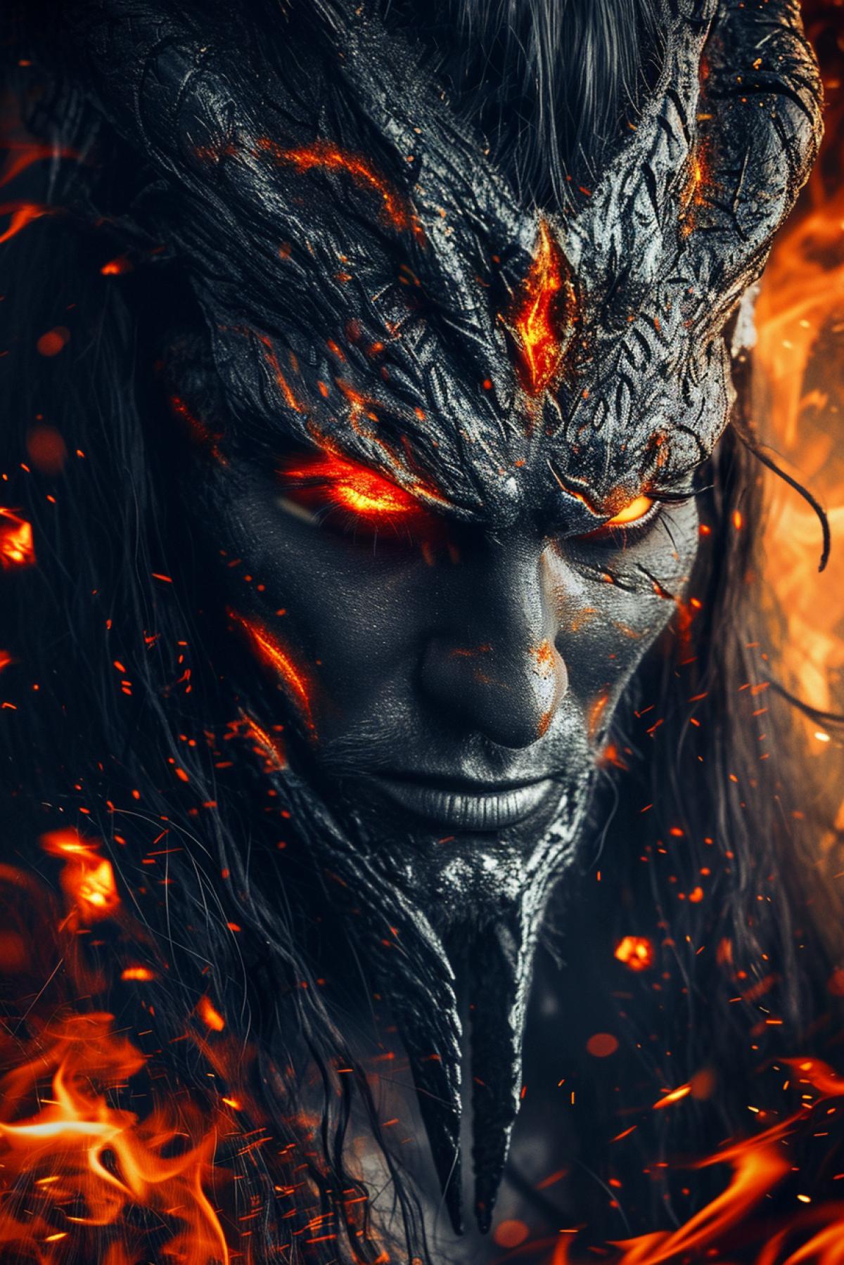 Epic fantasy photo 8k, Full-length Lord King Demon with glowing red eyes, dark hair, white skin, detailed human beautiful human cool male face, high quality design, 8k, full hd, realistic style, hyper detailed, background dark mansion with flames fire colorful, evil laught profile