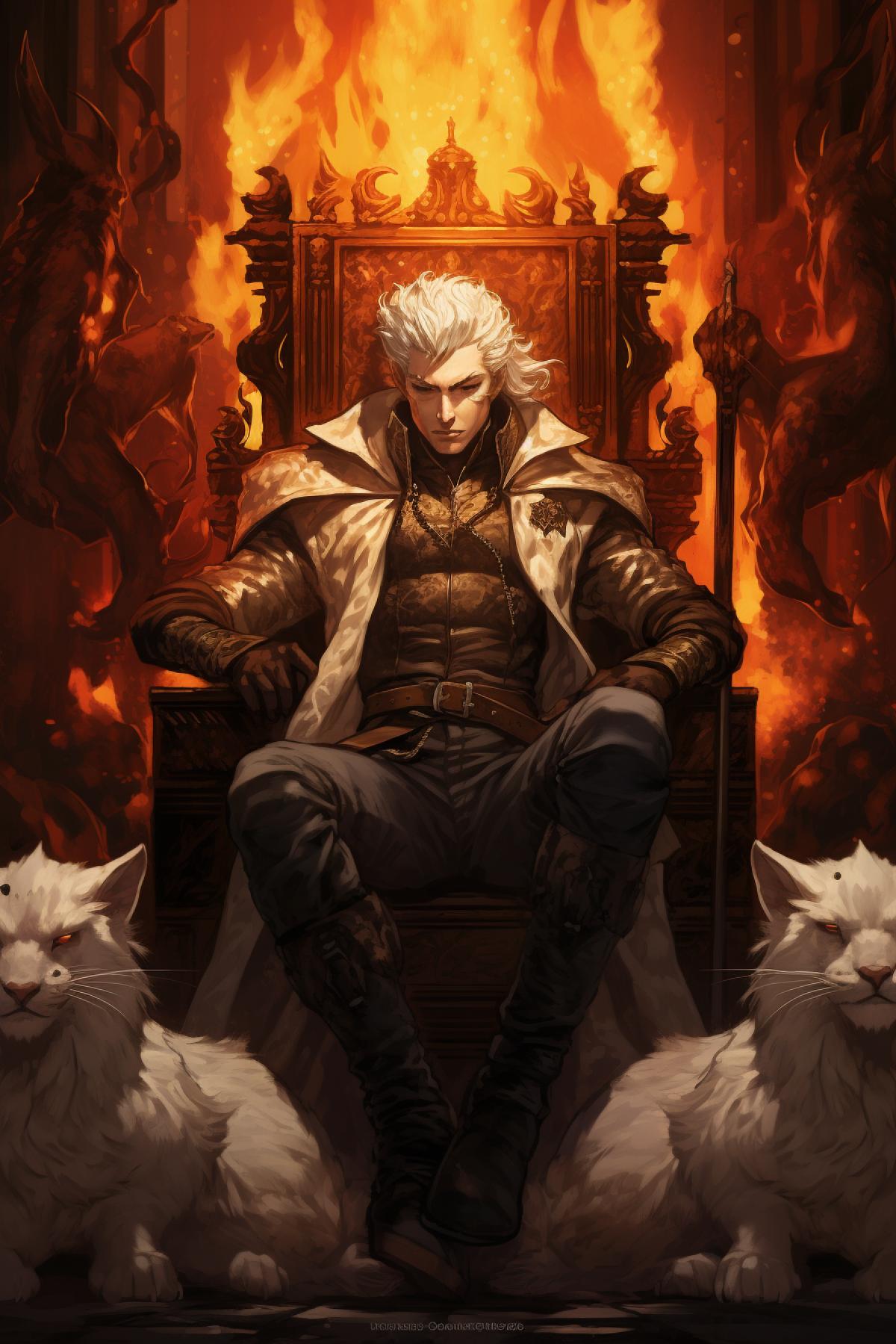 Pumped up man with brushed up dark-white hair in the jacket sits on throne. In the background we can see a big serious cat, that exploding a human
