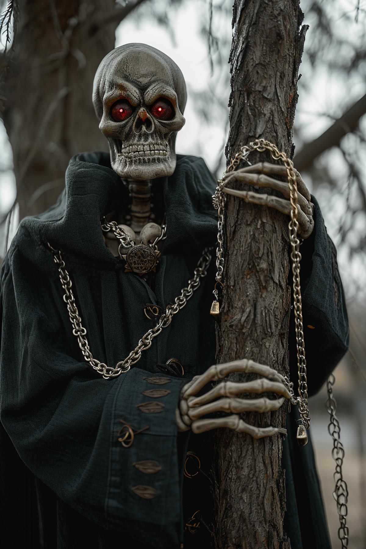Angry aggressive skeleton wearing dark overcoat with silver chain belt angry red eyes carrying in hands old oak detailed on the background of fur-tree forest