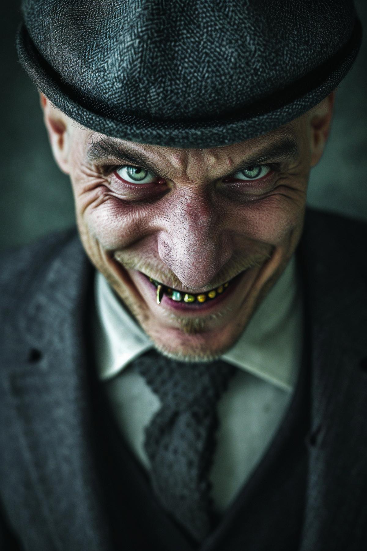 Close-up low view half-profile portrait of 30-year-old demonic smart character, sinister smile, golden metal teeth, green eye, dark eye, crooked mouth, shaved, one eyebrow rised high, wearing grey suit, tie, grey beret atilt