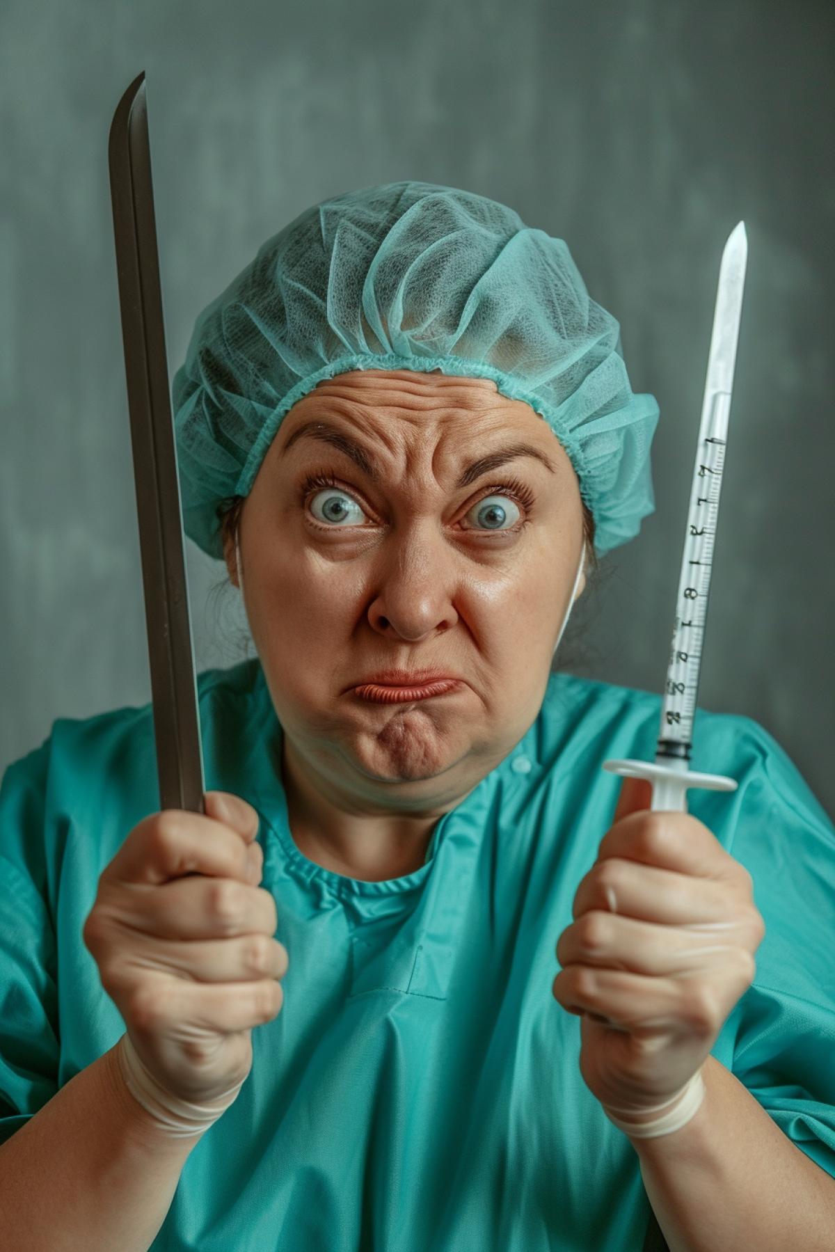 Fat sweating ugly female medical nurse at home with a saw and syringe in hands