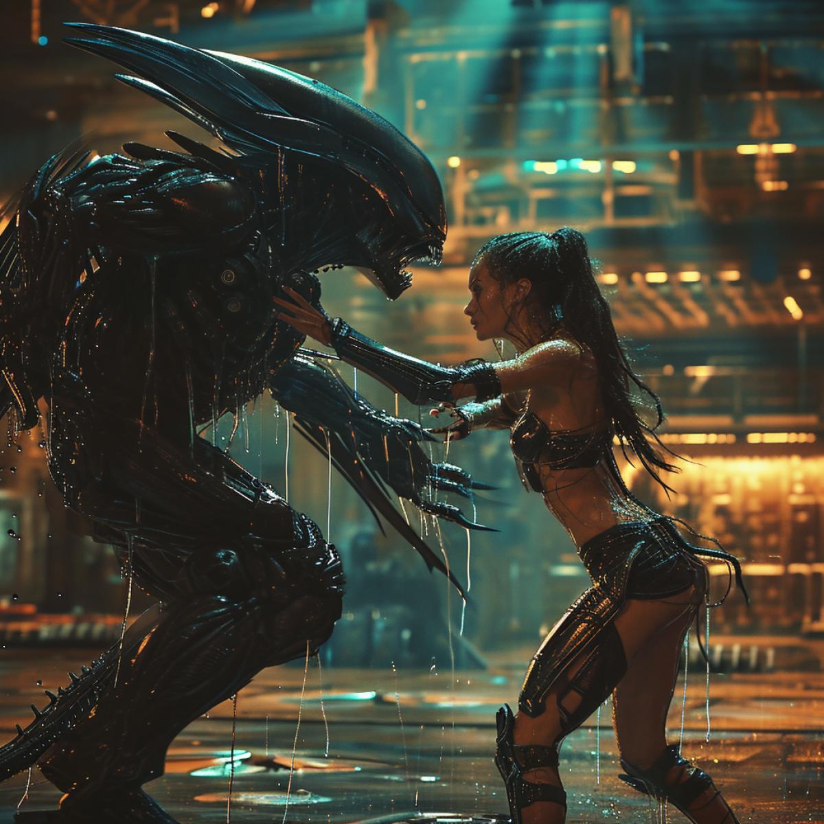 beautiful warrior woman fighting a cyborg alien, aesthetics, hyper-realistic, photorealistic, cinematic lighting, 8k resolution, epic detail, sharp focus, stunn ar 3:2
