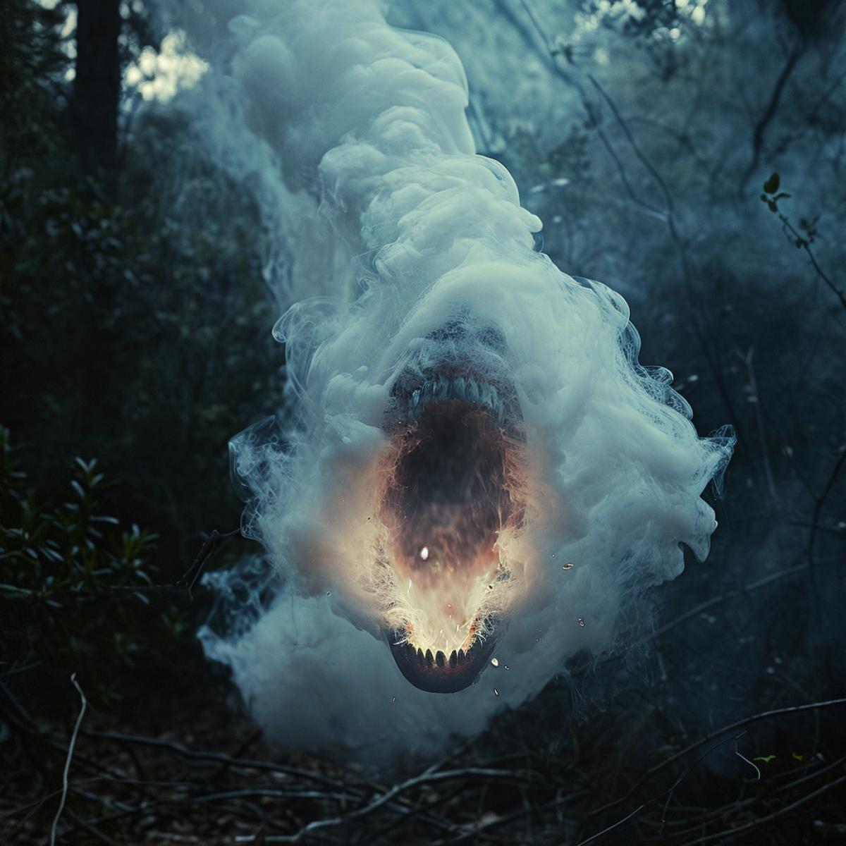 smoke ghost teeth fangs, screaming, pareidolia photography digital fluid fire, in the night, forest ar 4:5 v 6.0
