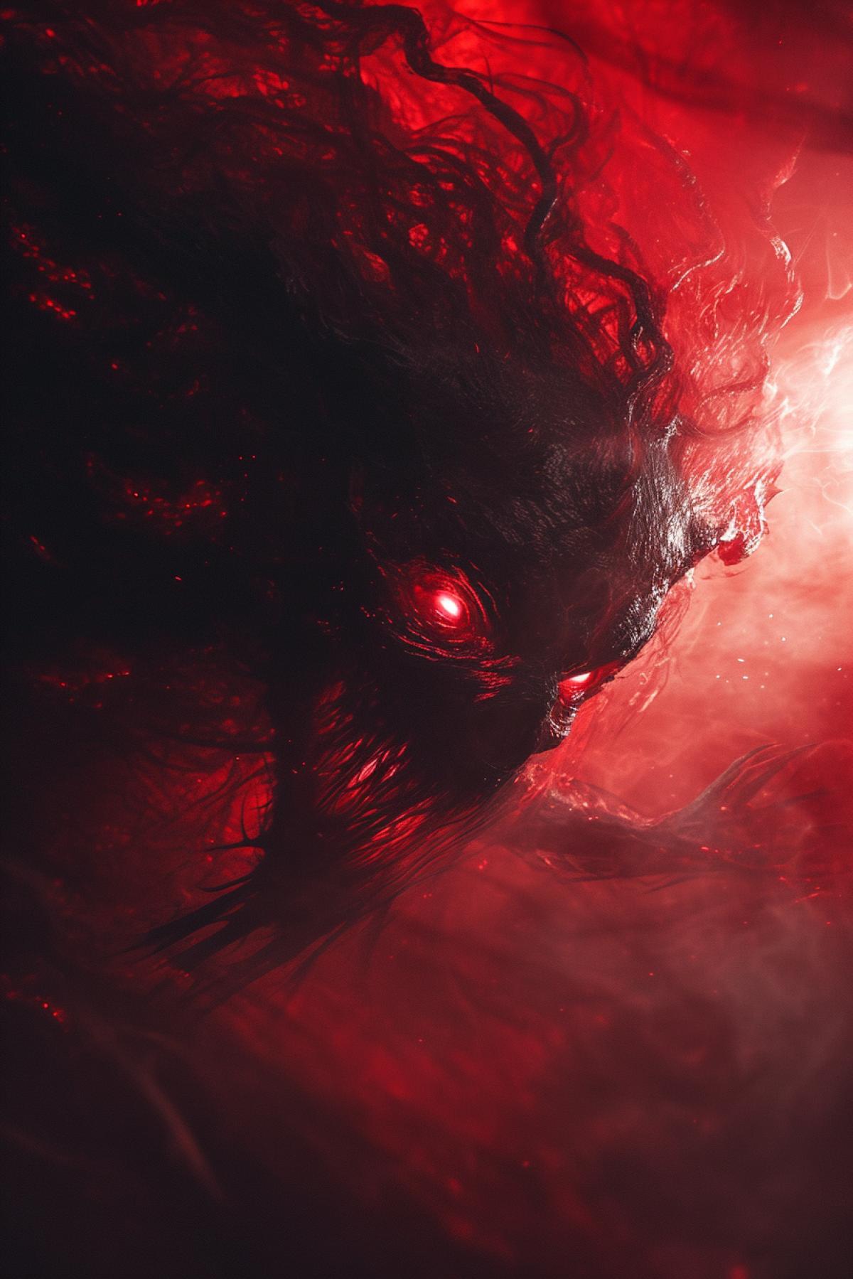 Antagonist, red liquid cunning evil eyes, demon, gothic style