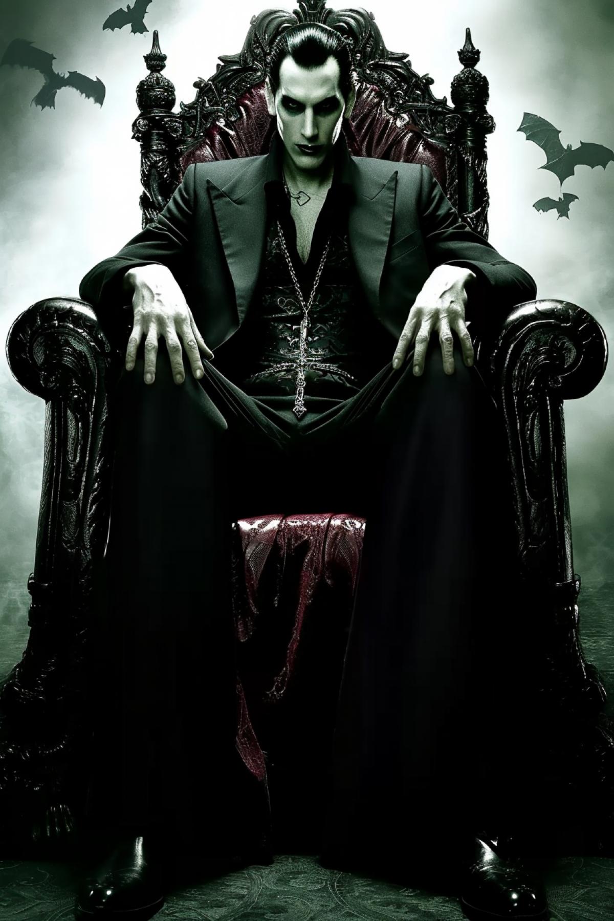 A sinister cat vampire demon humanization with an insolent impudent malicious look and a grin sits on a hellish throne of fire, dark and red color, gothic, roccoco, baroque, illustration
