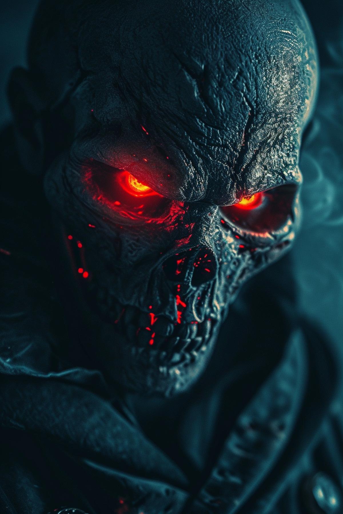 close up of a evil person with glowing red eyes wearing a mask, morphing skull, dark fantasy and horror, gothic photography, beautiful render, atmospheric, dramatic, mystical light
