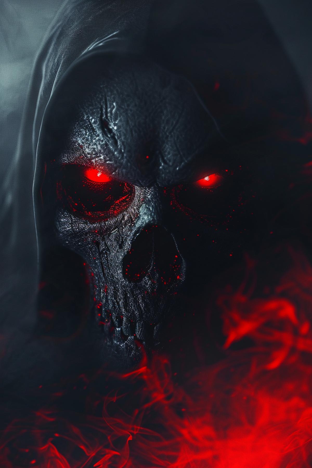 close up of a evil person with glowing red eyes wearing a mask, morphing skull, dark fantasy and horror, gothic photography, beautiful render, atmospheric, dramatic, mystical light