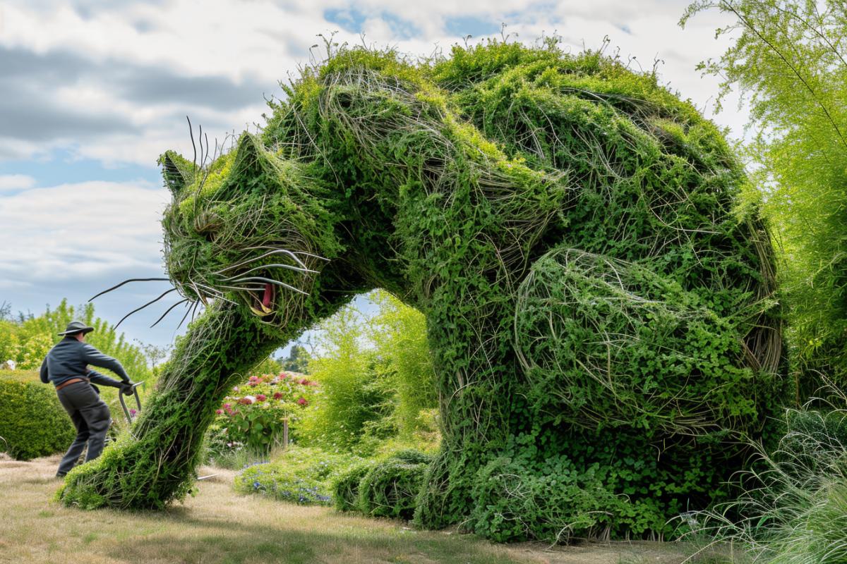 Topiar. The bush sculpture is made in the shape of a frightened cat arching its back and raising its fur on end. An angry gardener with large garden shears approaches the bush sculpture.