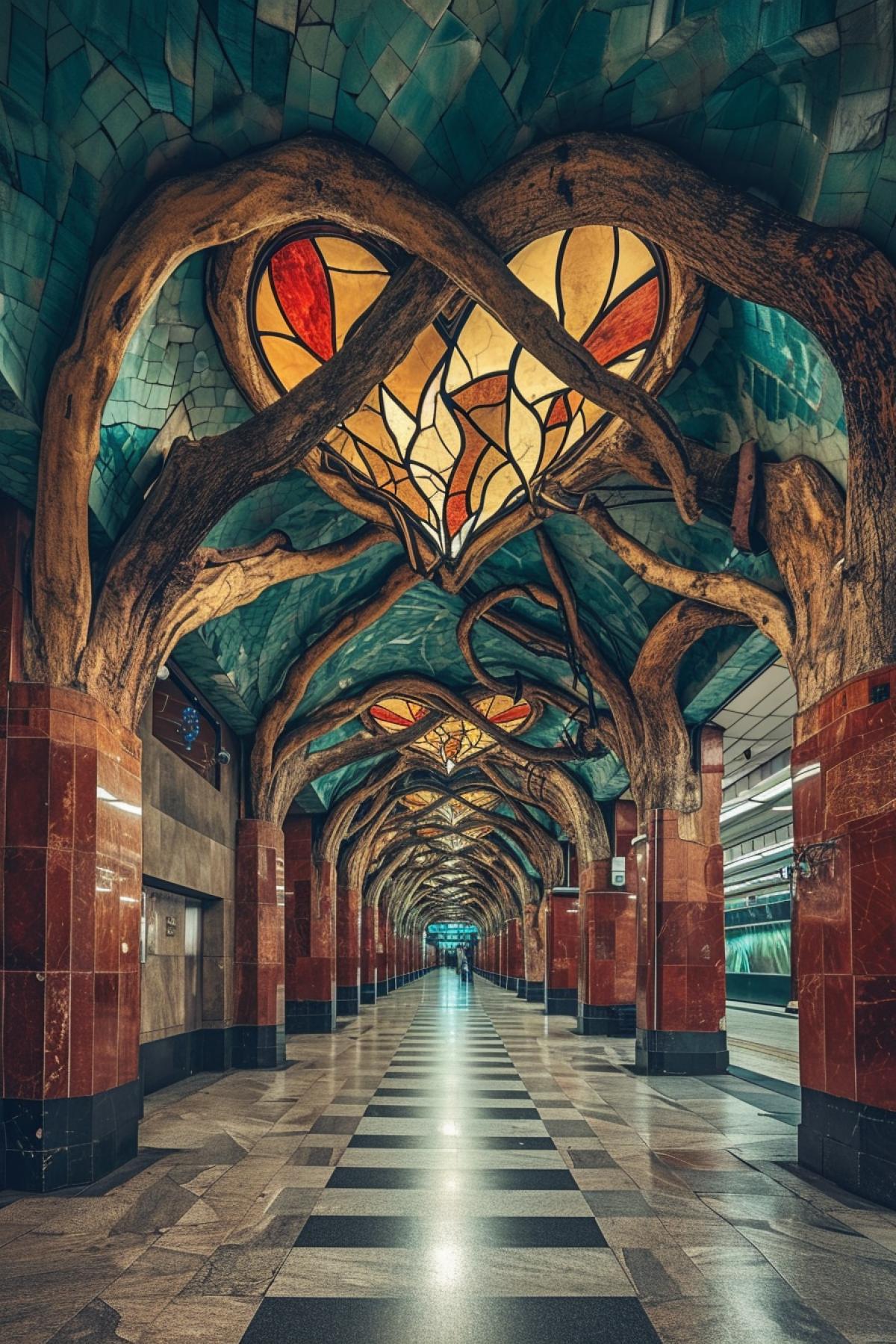 Metro station. Heart-shaped tree roots hang from the ceiling. The photo conveys an atmosphere of romance in pastel colors.