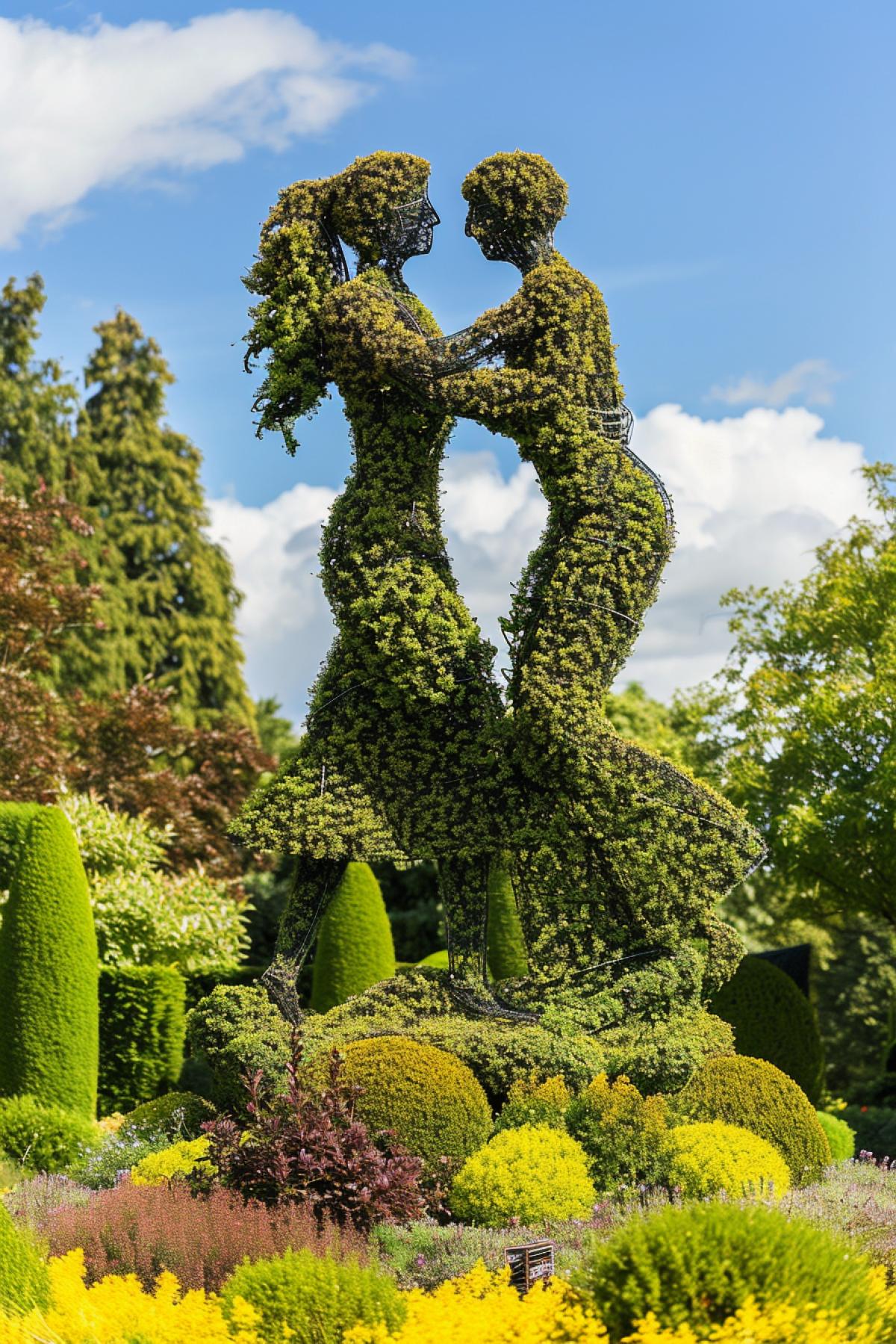 Topiary sculpture of couple in love on the top of the hill on the background of English garden sunny day around detailed architecture photo