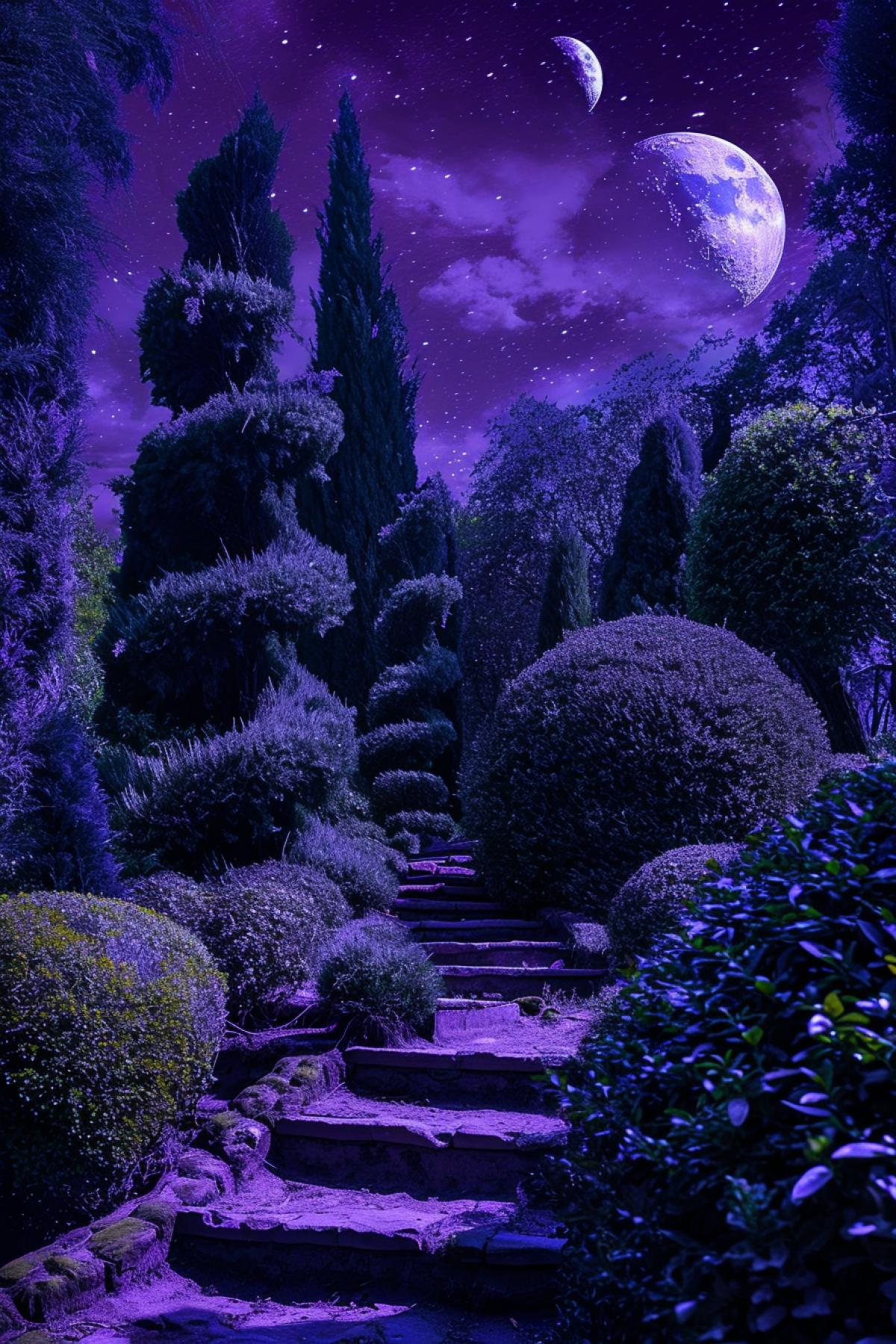 Topiary extraterrestrial garden on exotic planet starry night several moons spooky mystic lighting
