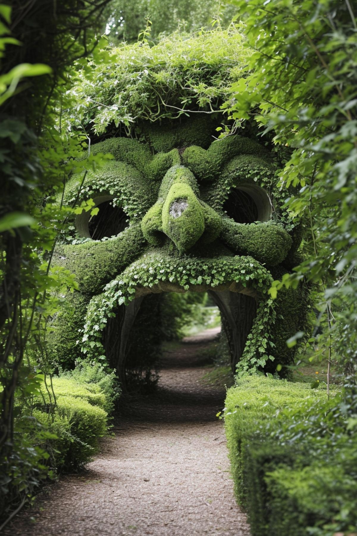Alley in thick English garden decorated as topiary bush and trees sculpture of monster open mouth and throat to walk along it