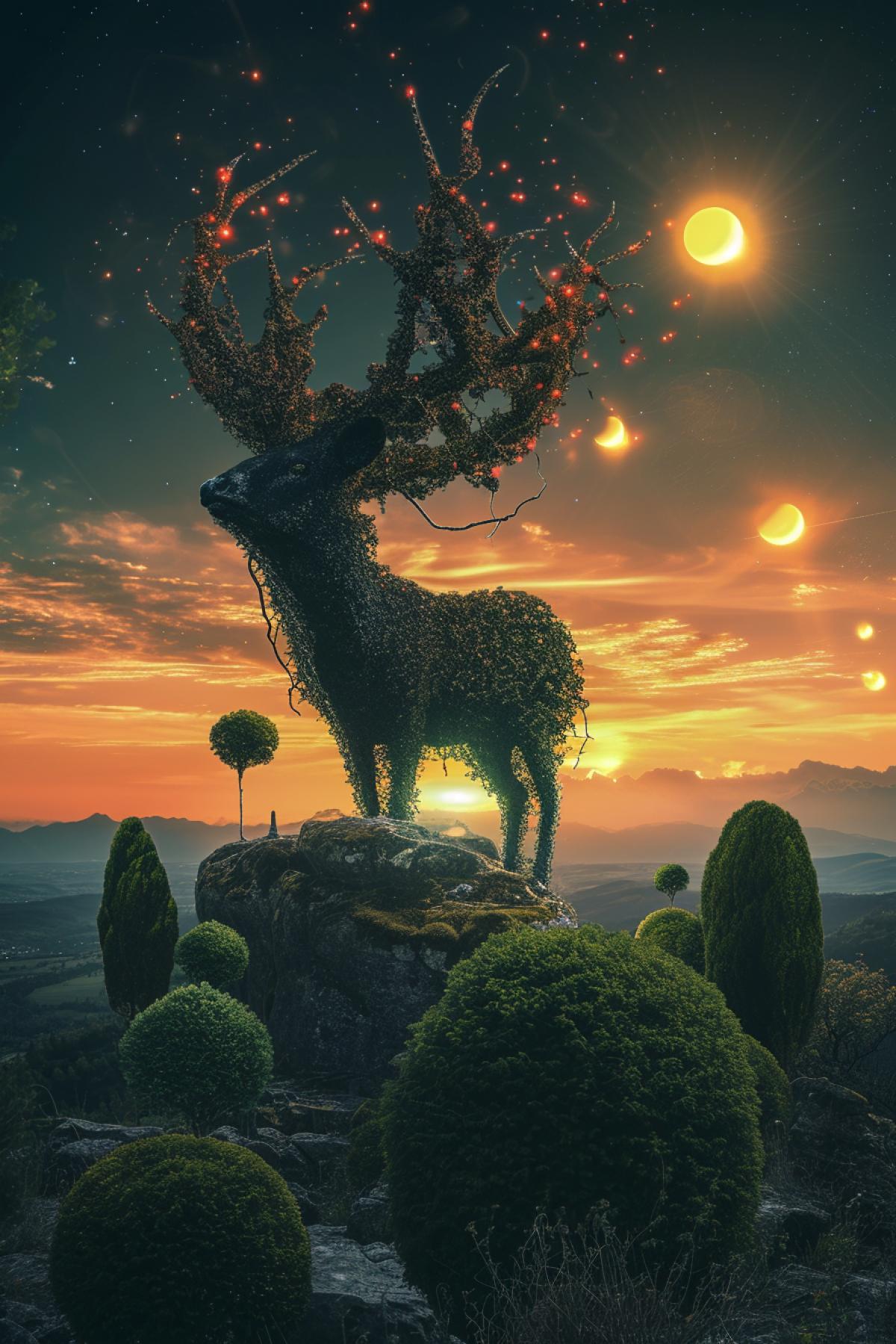 Exotic extraterrestrial deer in epic 4k on the top of extraterrestrial hill big thick horns decorated as giant topiary bush sculpture several suns in sky strange bizarre light of exotic planet breathtaking art