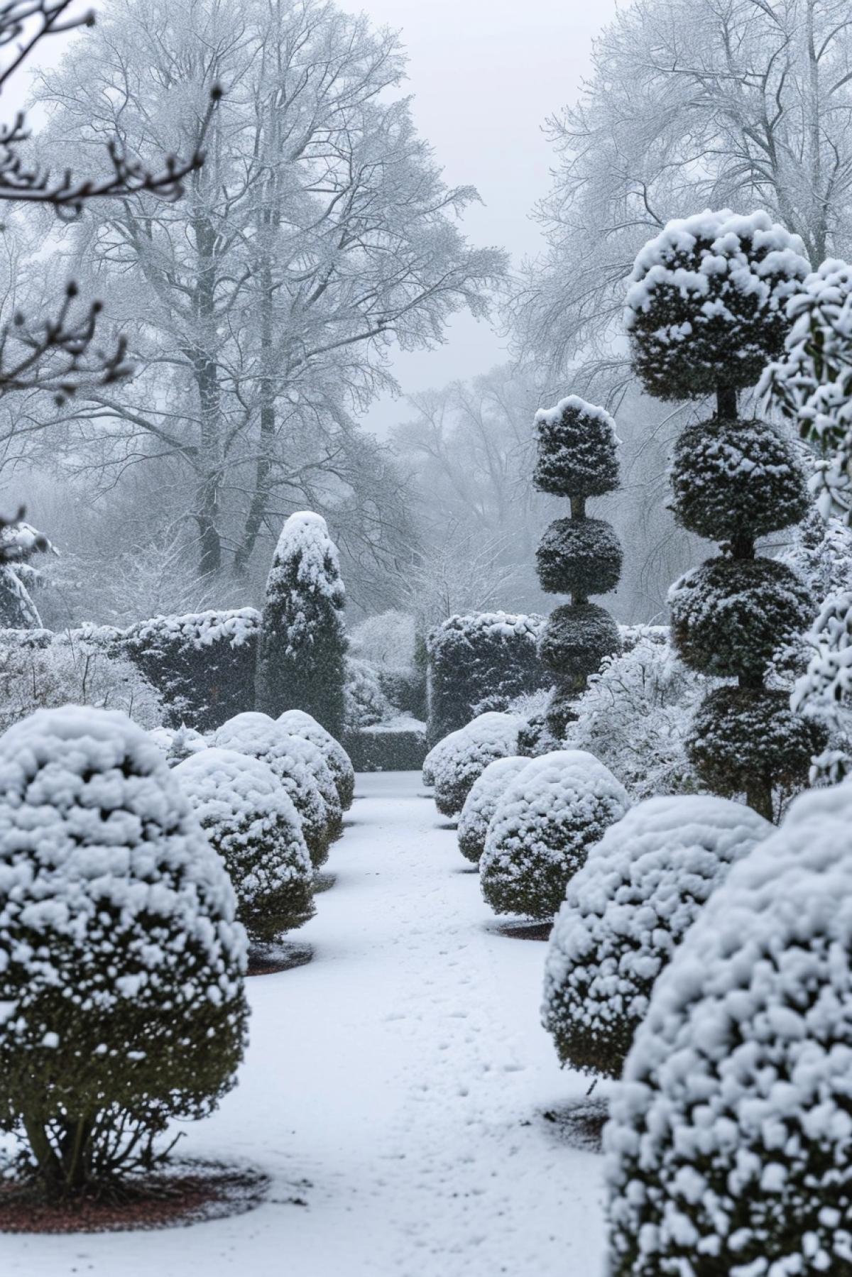 English garden decorated with topiary white bush sculptures in winter bushes and trees having no leaves white snow around heavily snowing gloomy white and grey skies