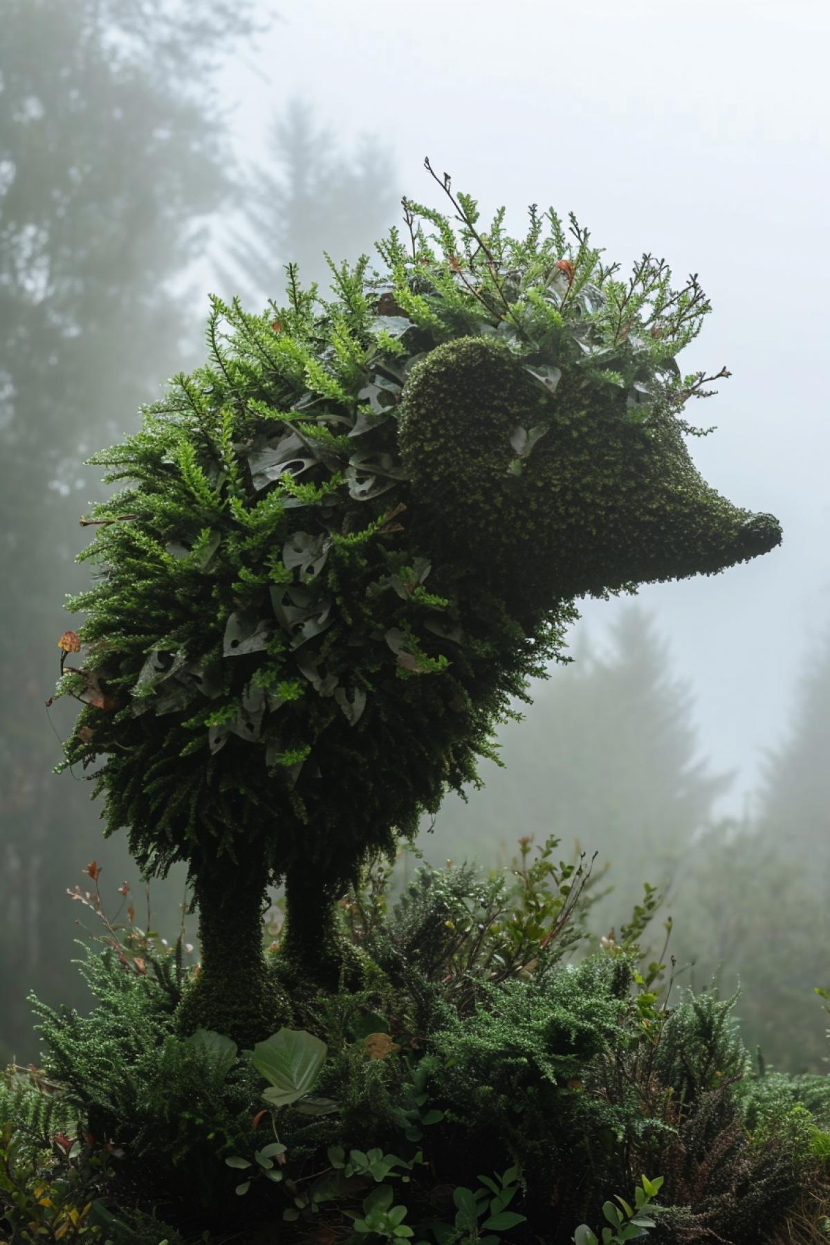 Topiary bush sculpture of standing giant hedgehog in thick morning mist and for greenish and white palette