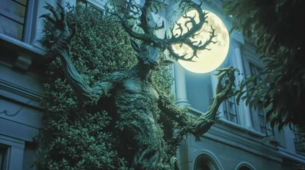 Topiary demon cut from bushes full moon illustration