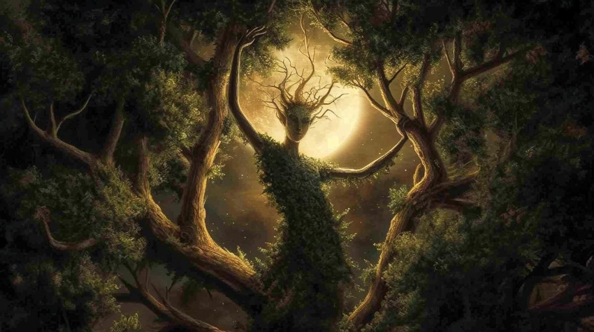 Topiary demon cut from bushes full moon illustration