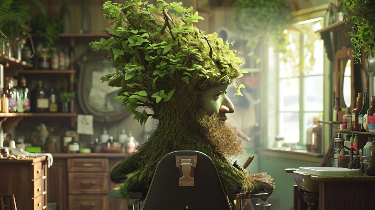Tree man sitting in a barbers chair getting a pixar style haircut