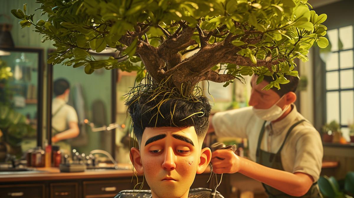Hairdresser cuts mans hair pixar style tree