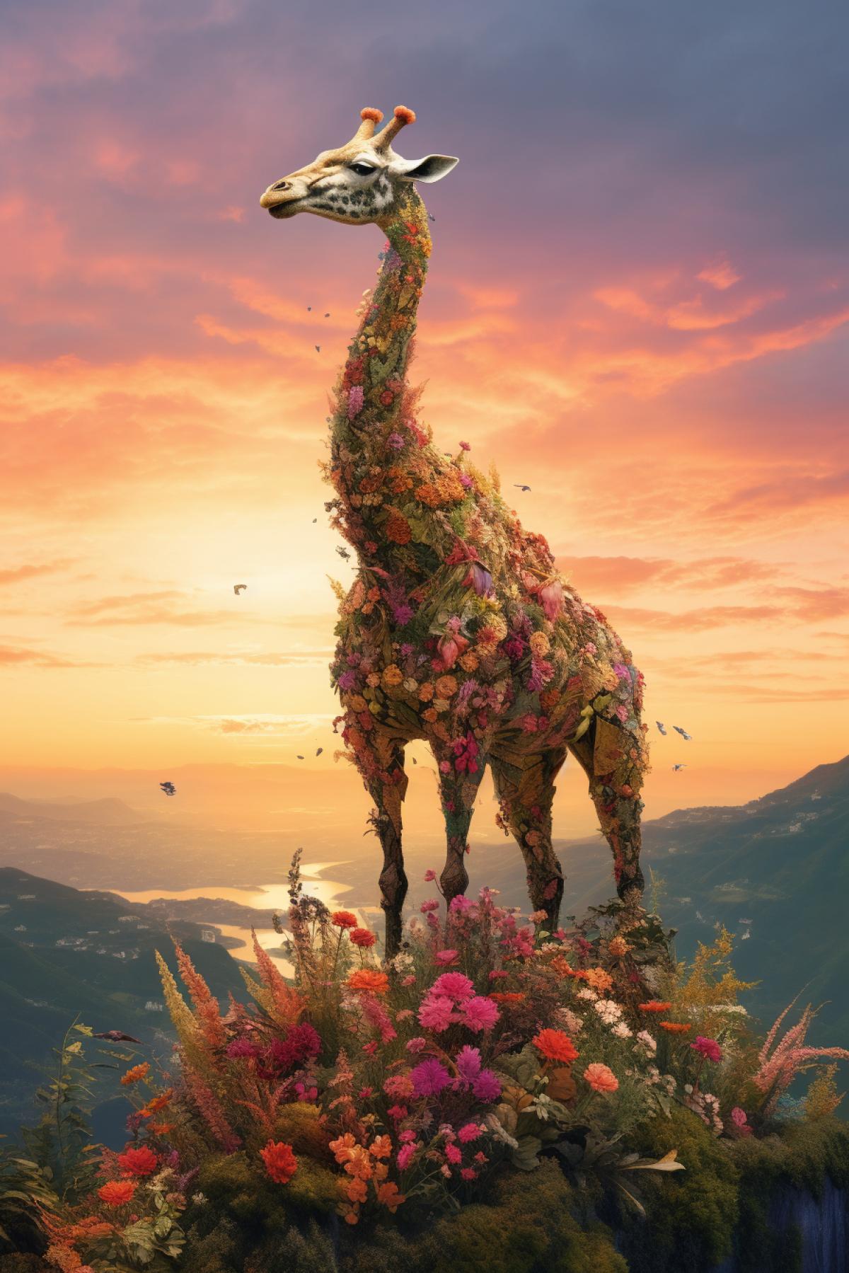A giraffe made from a bush with flowers stands on a mountain against the backdrop of the sunset, and birds also made from bushes are circling around