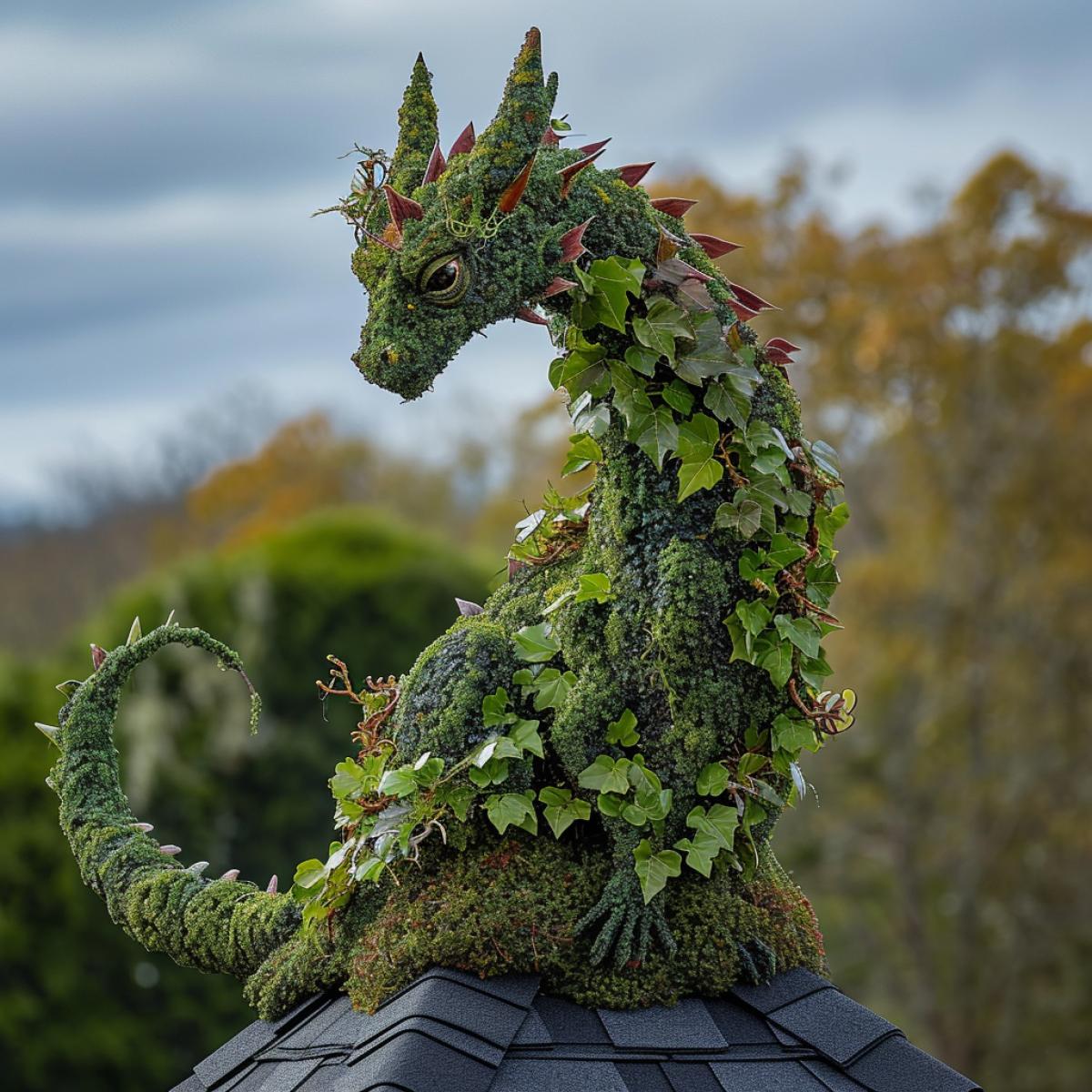 fierce topiary ivy dragon on top of roof wrapping tail around side ultra realism