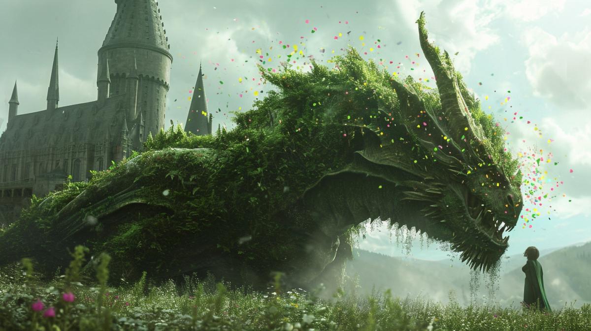 Living bush in the form of a dragon, spewing confetti, Hogwarts in the background