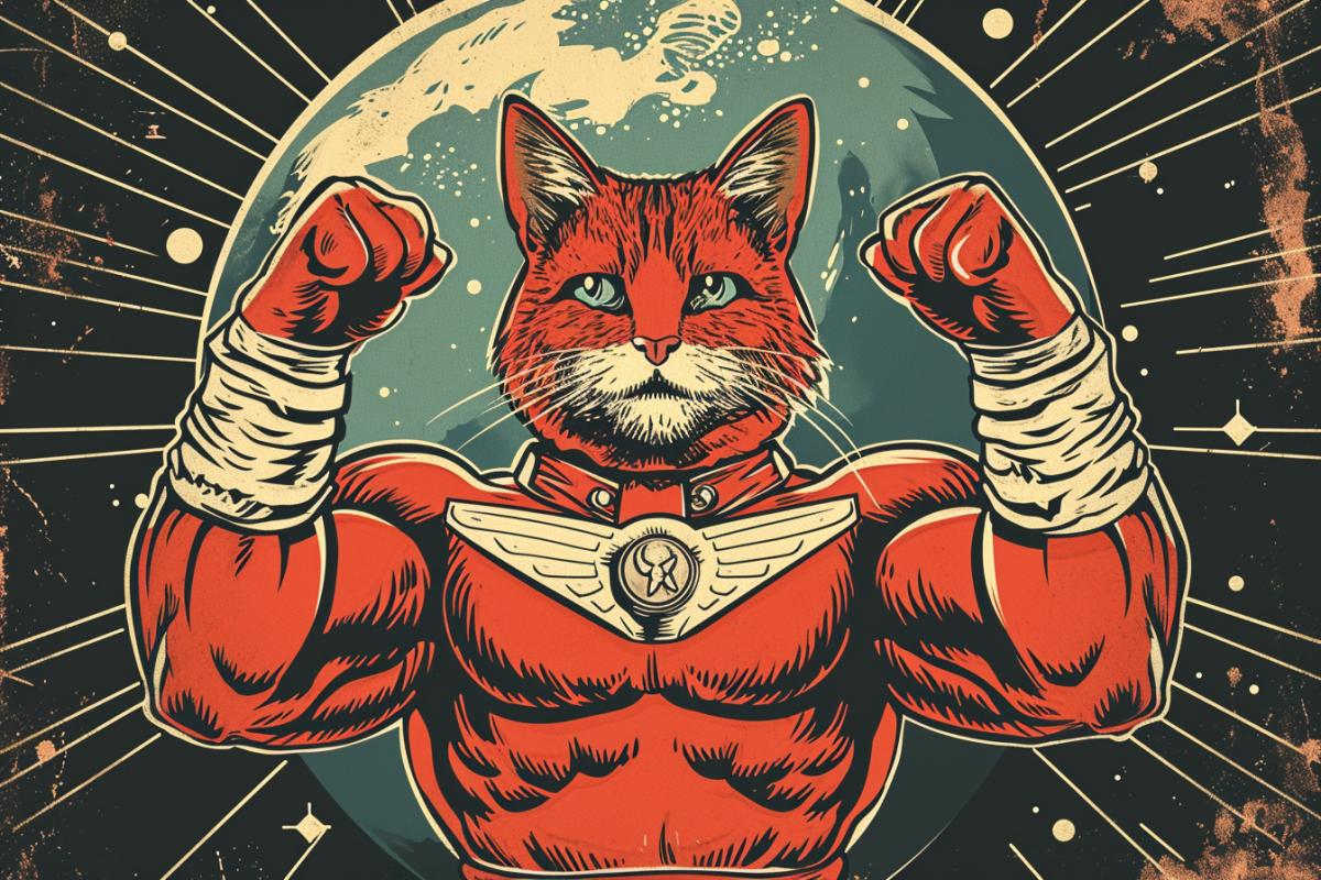 Muscular red cat as a space defender, retro comic book style, retro comic book cover