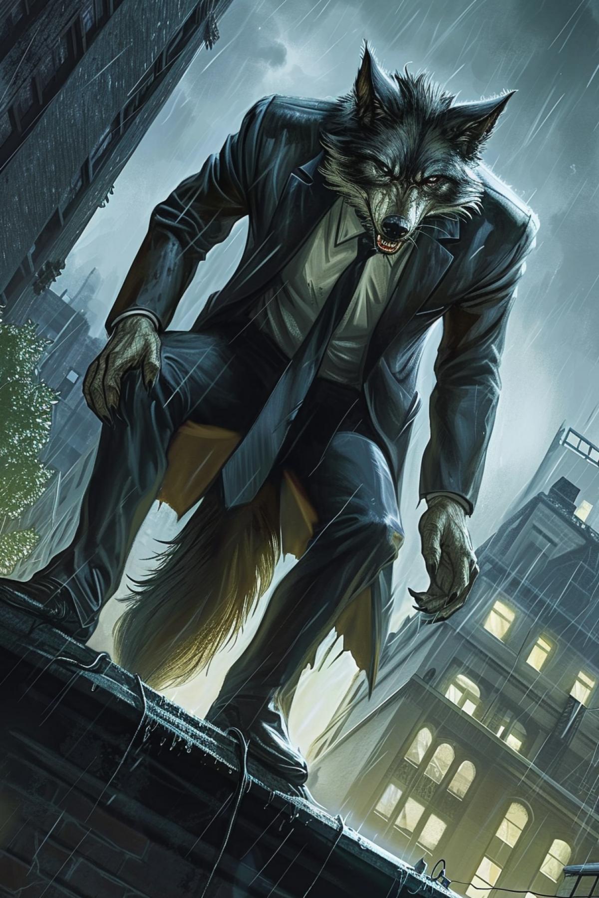 The Creepy Wolf in the style of DC comics, dressed in a superhero business suit, is on the edge of the roof, against the backdrop of the city, rain, high quality, good detail, comic art