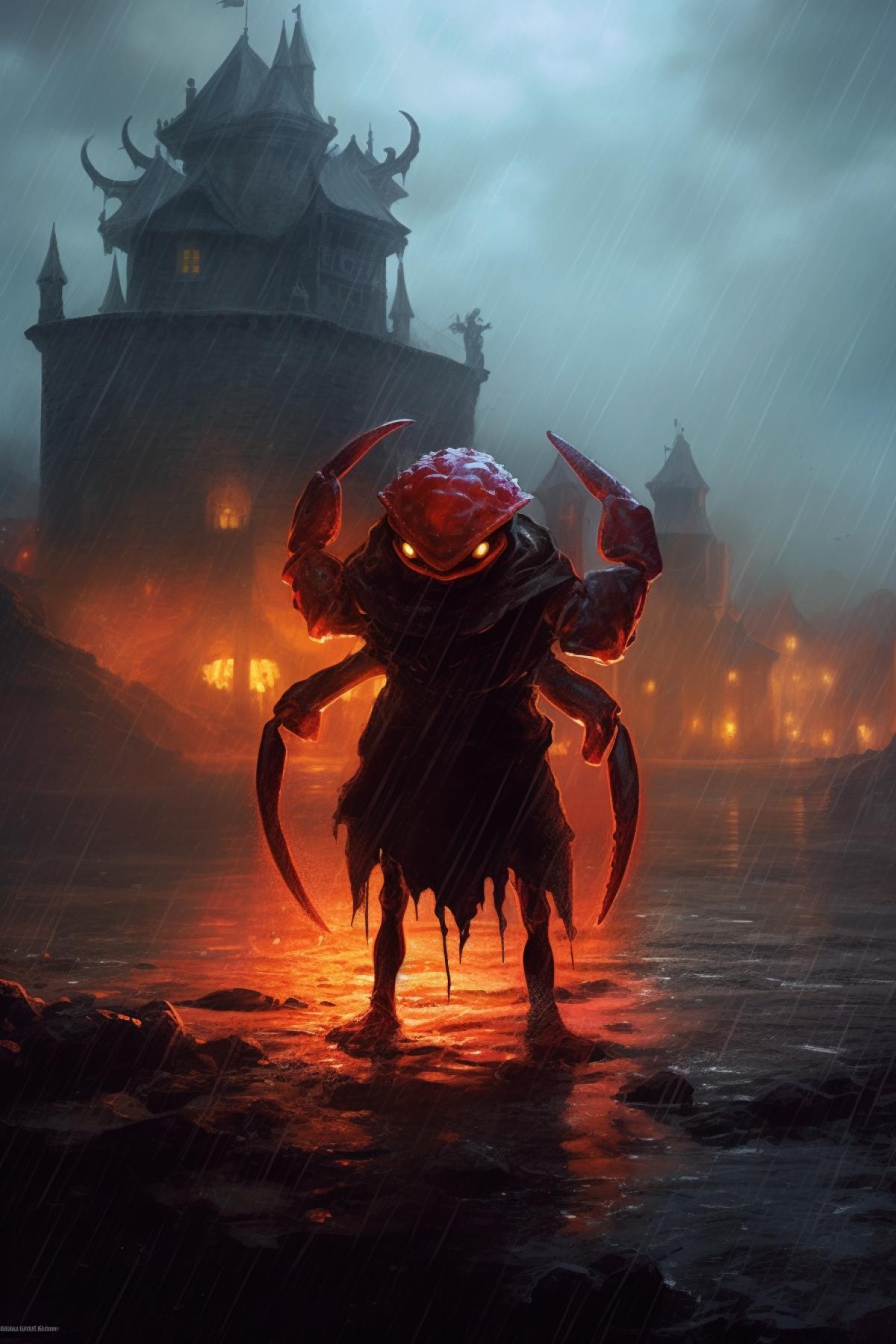 A superhero crab in a dark cloak stands near a burning castle in the rain
