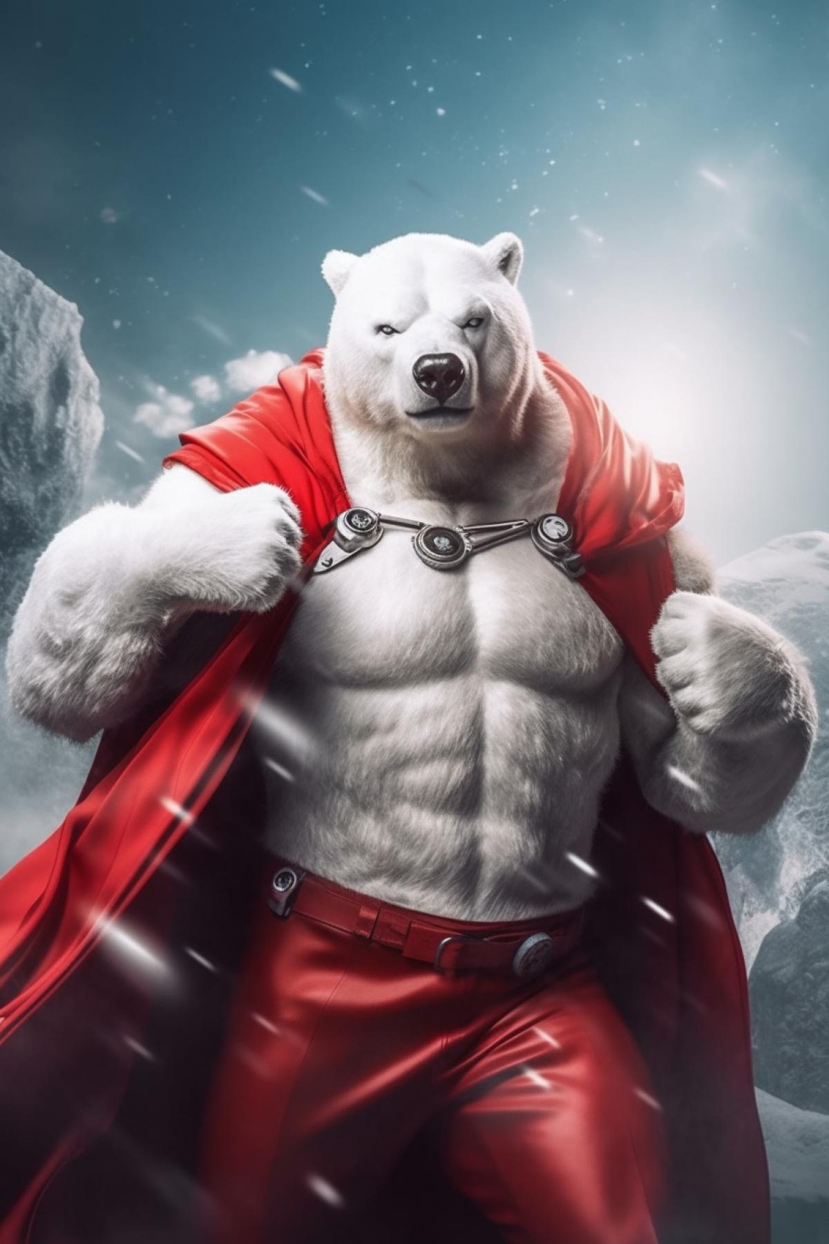 Polar bear super hero in a red suit and a dark mask 🏳‍🌈🍒