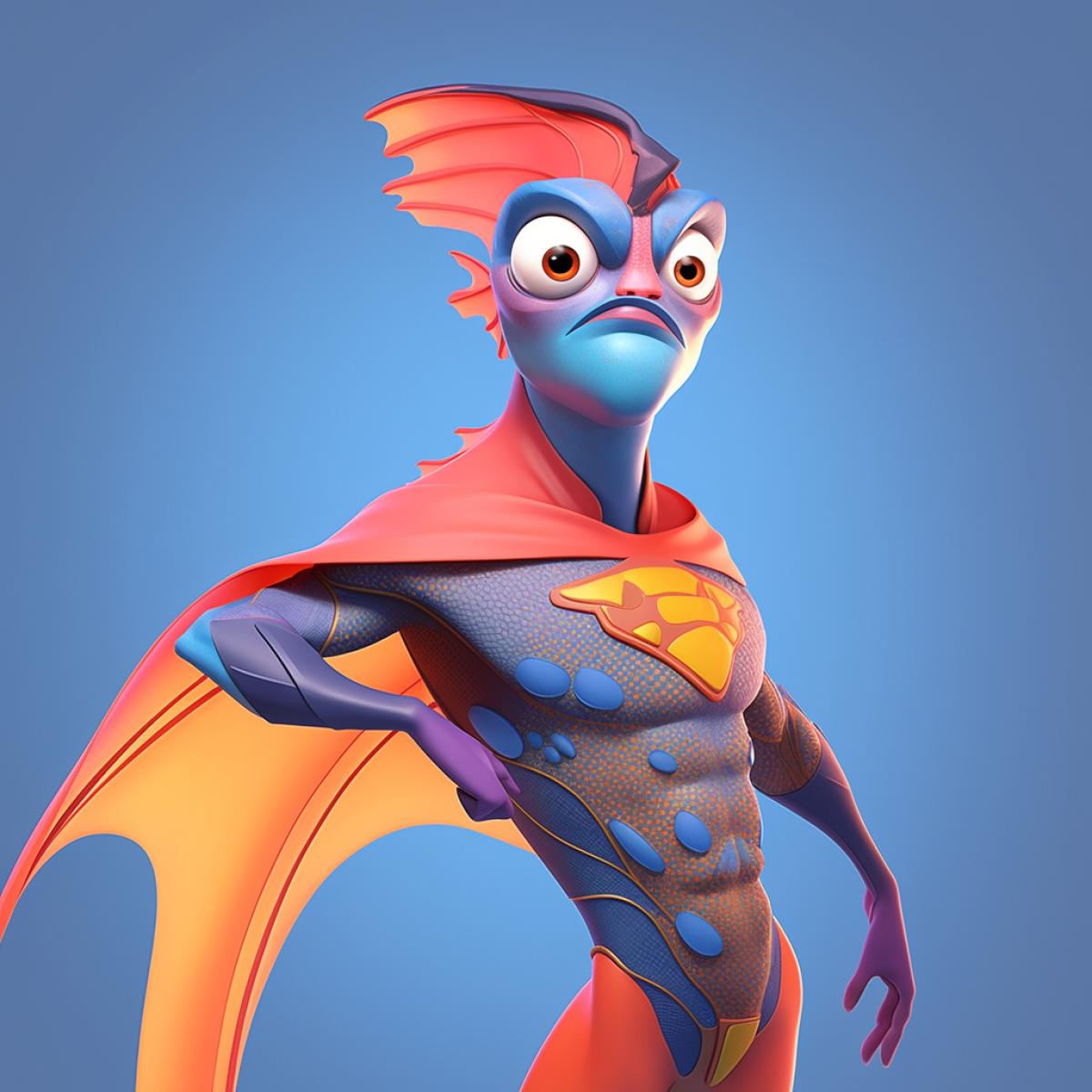 fictional comic book character fish superhero in a superman costume in a heroic 4k