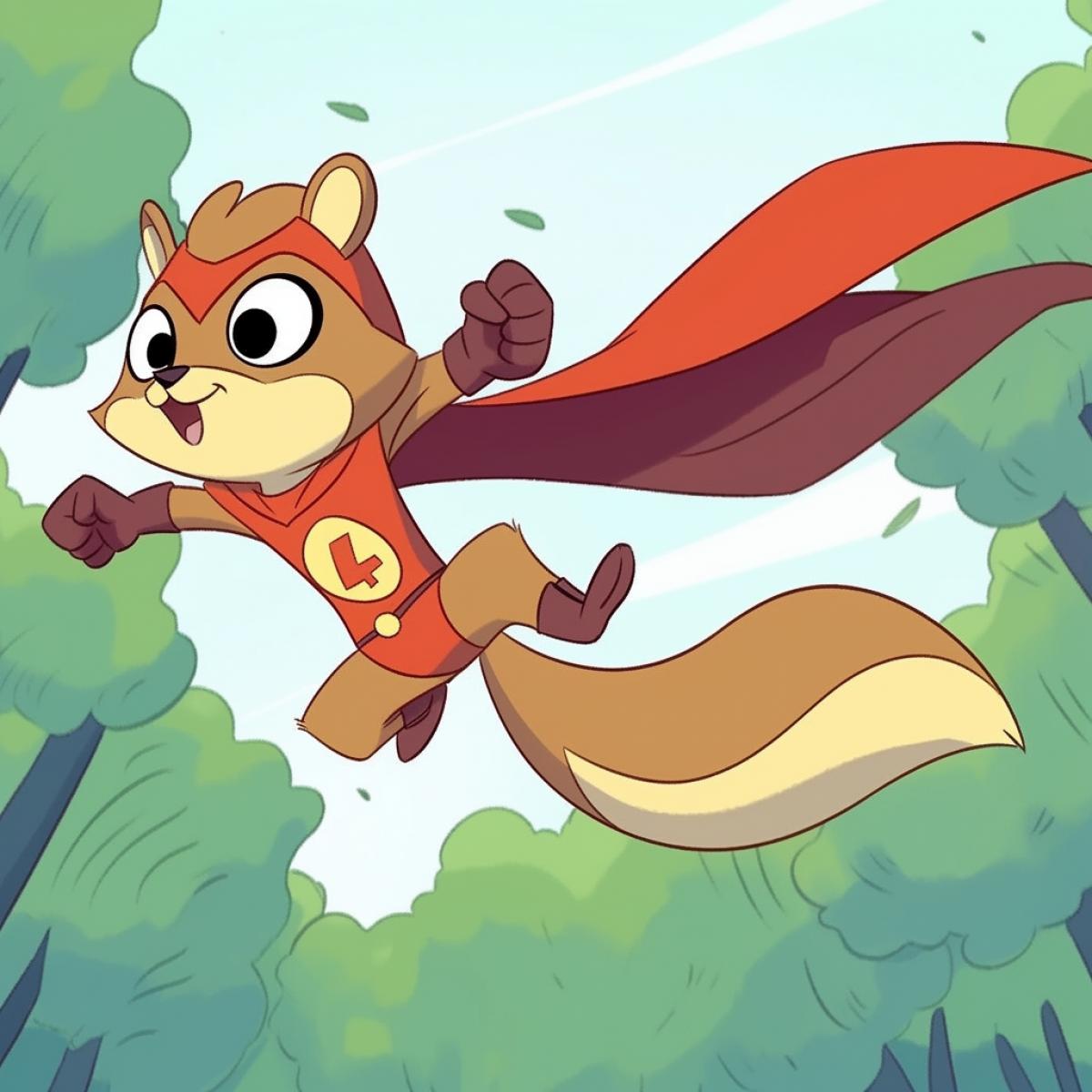 new comic book hero super squirrel in a superhero costume, in a heroic 4k, flying from tree to tree