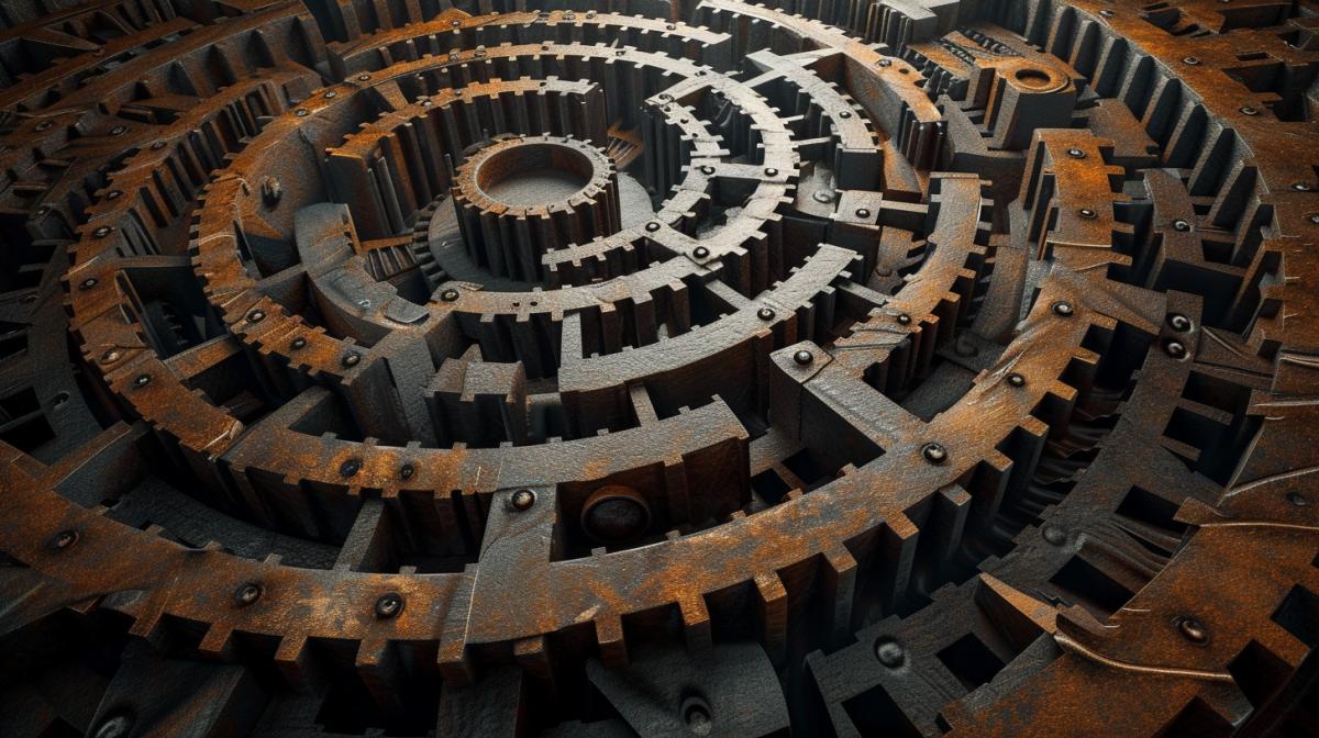 Huge labyrinth in the form of gears, high quality, good detail, steampunk
