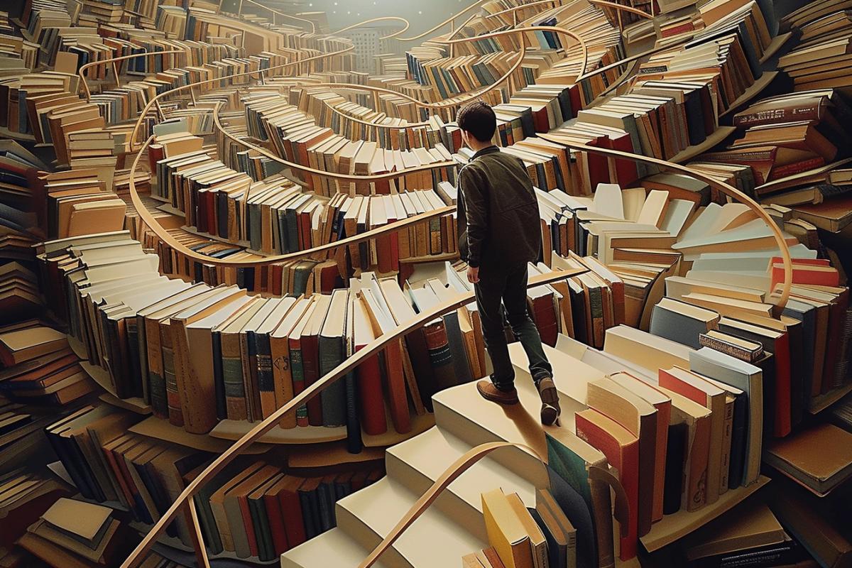 Labyrinth of books ladders of books man in a book maze optical illusion