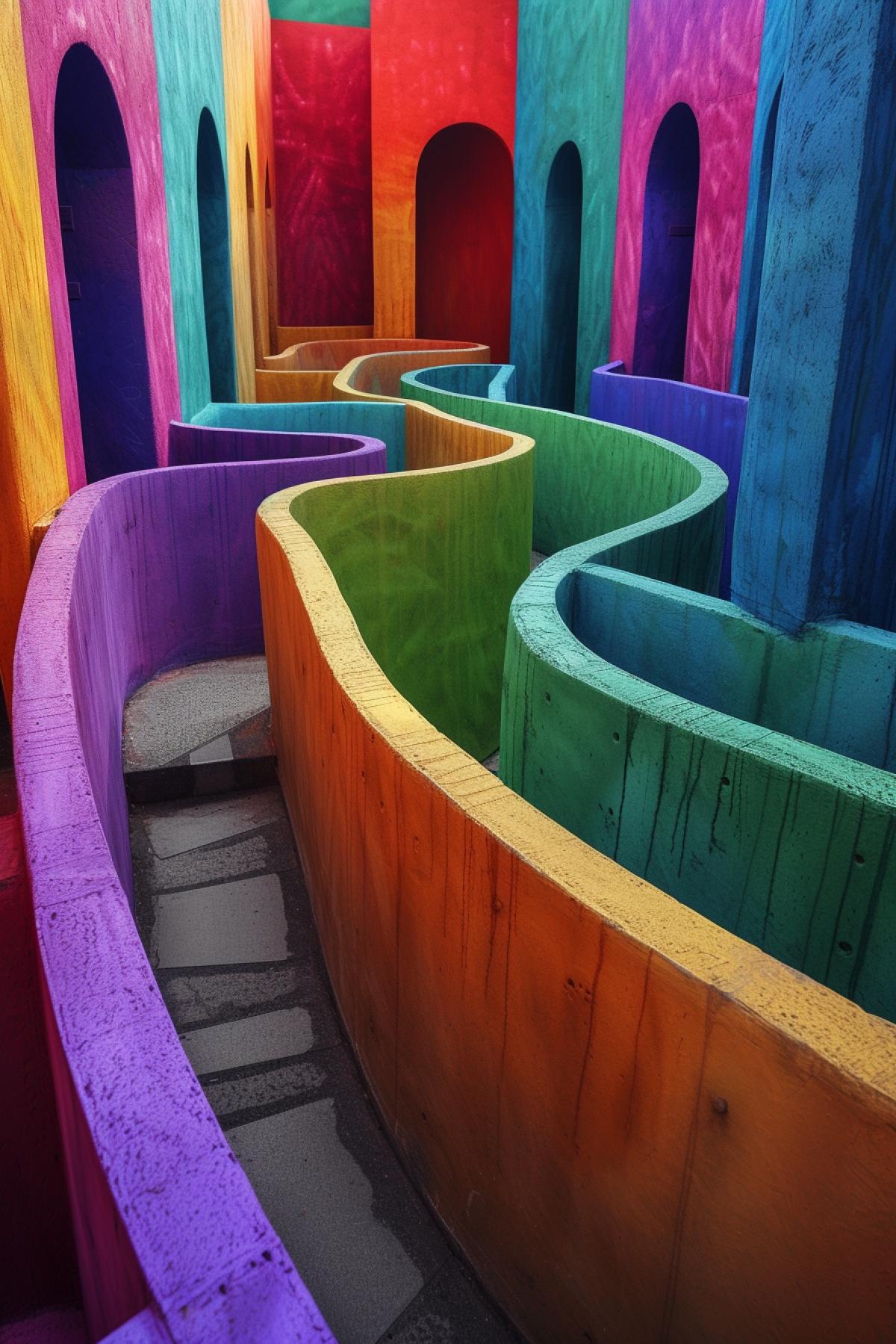 The walls of this labyrinth change color from different angles. The traveler must distinguish between color illusions and choose a path based on the real colors of the walls