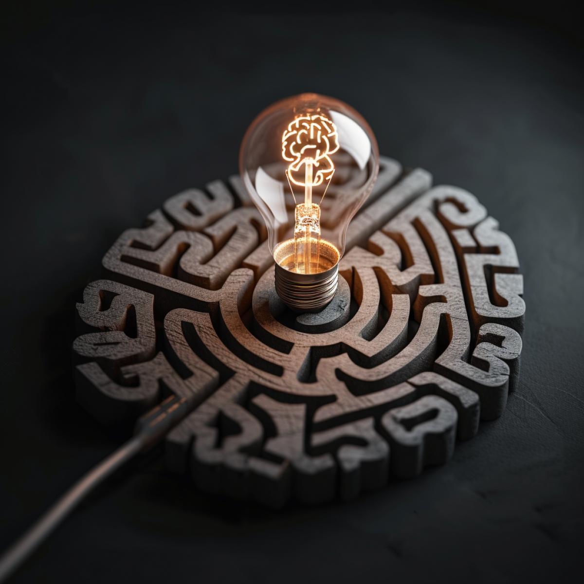 The human brain is represented in the form of a labyrinth. In the middle of the labyrinth sits a humanized light bulb, symbolizing a brilliant idea. The 4k and facial expressions of the light bulb express despair and hopelessness because it cannot find a way out of the labyrinth.