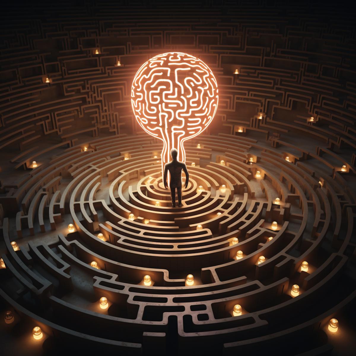 The human brain is represented in the form of a labyrinth. In the middle of the labyrinth sits a humanized light bulb, symbolizing a brilliant idea. The 4k and facial expressions of the light bulb express despair and hopelessness because it cannot find a way out of the labyrinth.