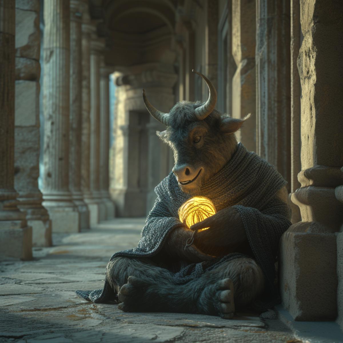 A satisfied Minotaur sits in the lotus 4k and knits magical luminous wool in the middle of an ancient Roman narrow stone corridor.