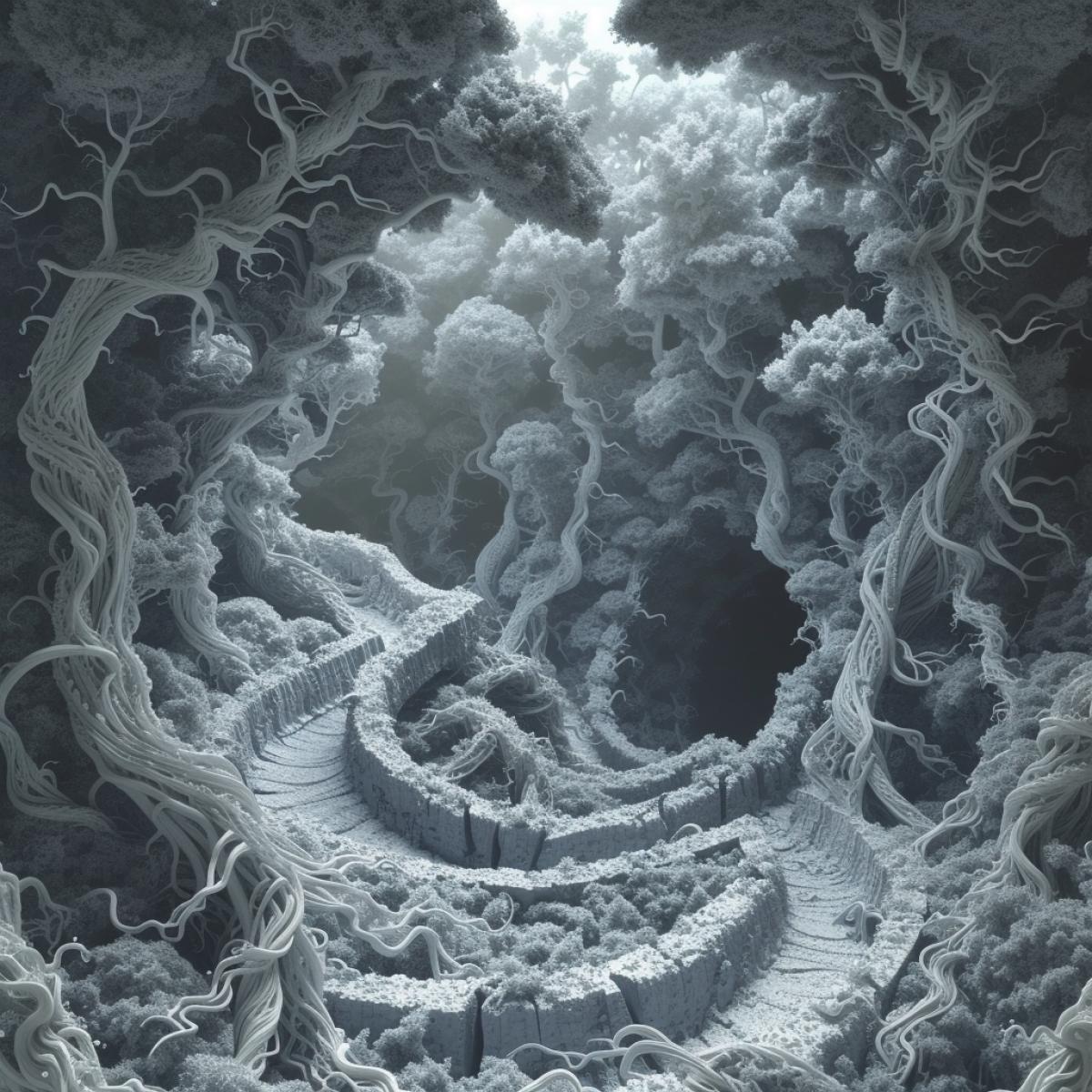 environment, A highly detailed illustration of a massive sprawling labyrinth maze from harry potter overgrown with tree roots, groundfog, fog, created by renowned artists Katsuhiro Otomo and Kentaro Miura, captures scene in a style that blends traditional paper craft and modern digital art techniques. The illustration is rendered using state-of-the-art technology such as RTX, Octane Render and HDR. This results in an ultra-detailed and ultra-hd 8k resolution that provides a sharp focus and a high level of realism. The illustration showcases the ornate and detailed full-body paper cut craft, with multi-dimensional paper illustrations that are created with intricate grayscale vanilla oil. The scene is also rendered in 16k resolution, This illustration is a masterful blend of traditional and modern art techniques that showcase the dirt and talent of both Katsuhiro Otomo and Kentaro Miura ar 16:9