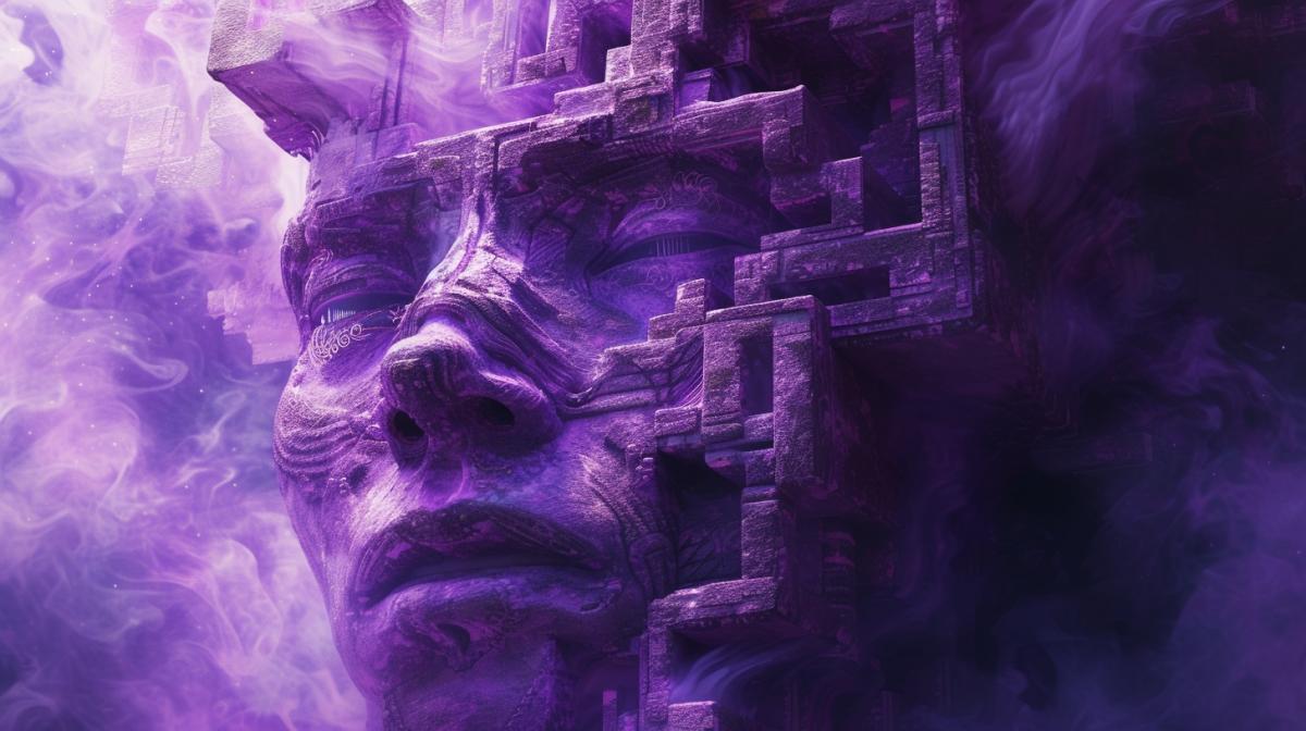 ancient indian deity god of math and engineering, face portrait, purple skin, swirling isomorphic cubic matrix, uv purple light fog, rim light, backlit, cinematic, maze labyrinth, covered in ink, Adolf Hirémy-Hirschl, edmund blair leighton, klimt, oil painting, renaissance style, impressionism ar 8:14 q 2 s 250
