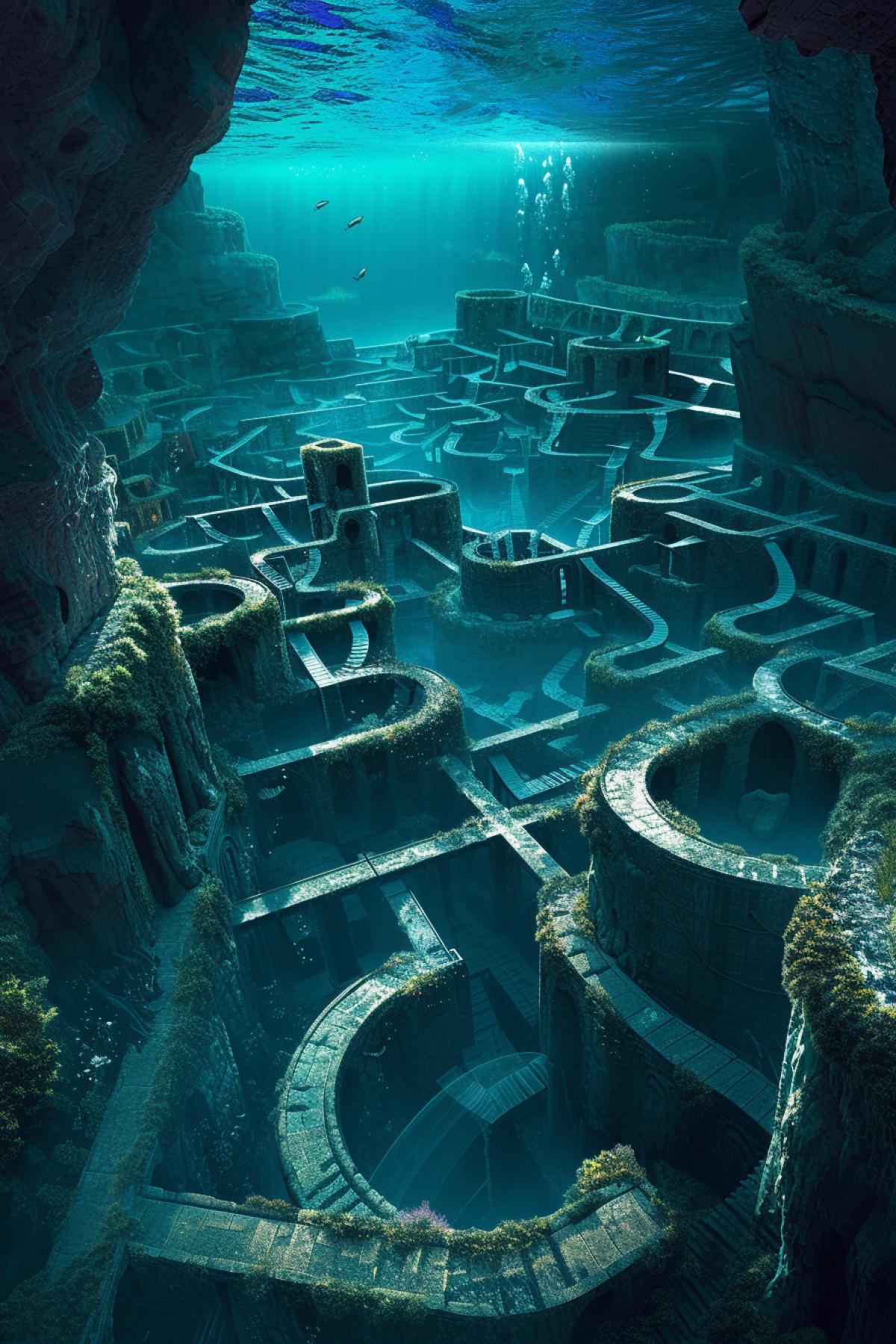 super complex underwater labyrinth with a volcano at the bottom