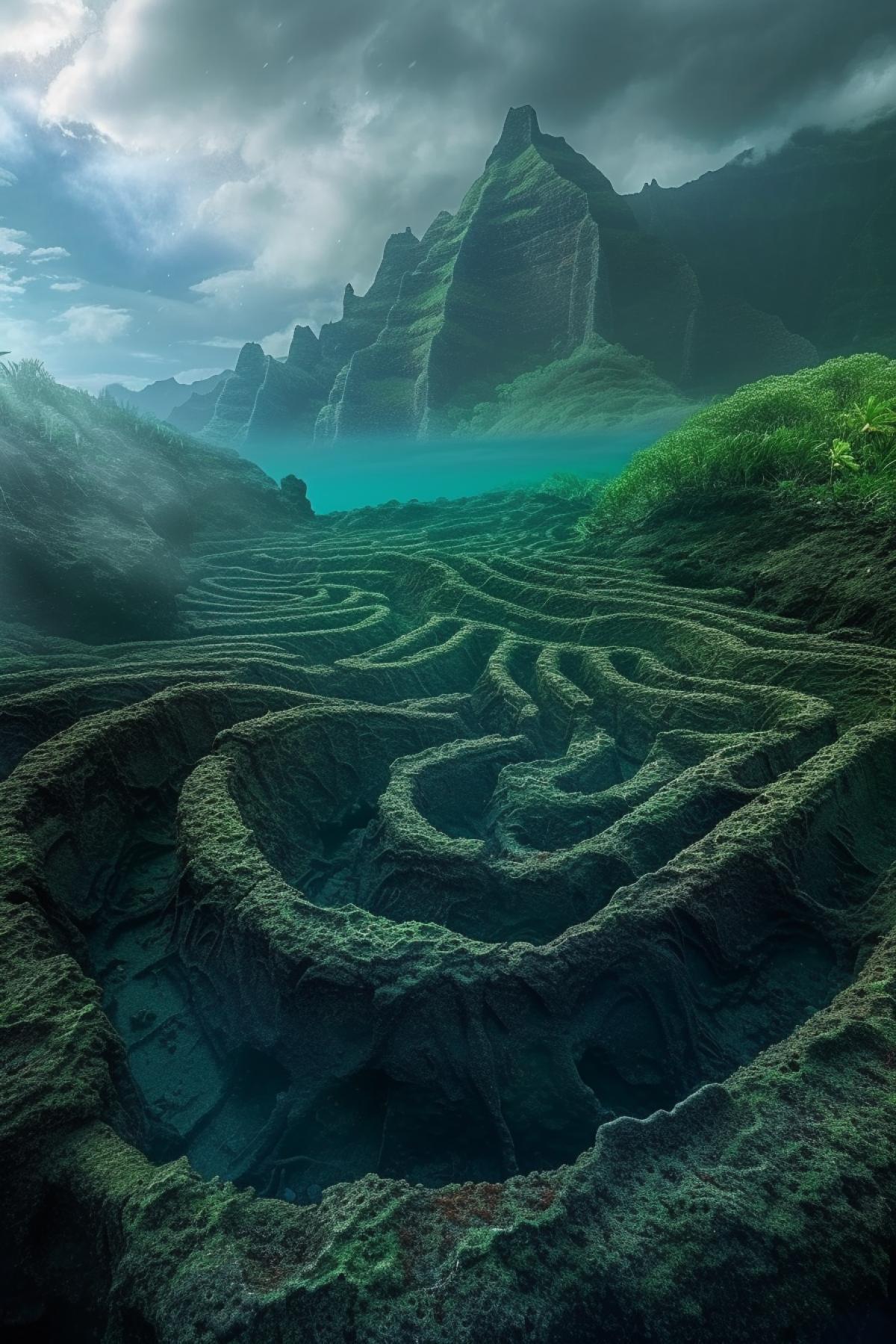 super complex underwater labyrinth with a volcano at the bottom